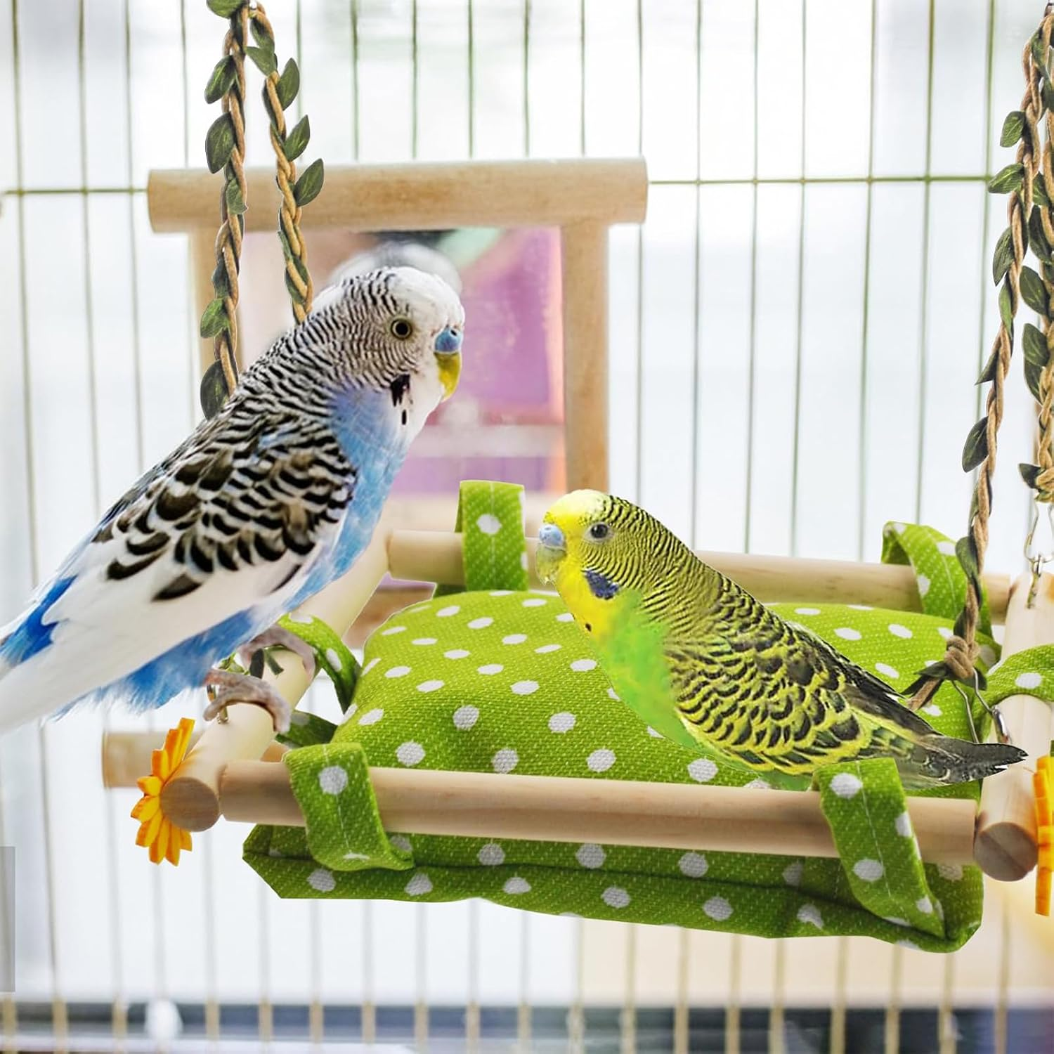 Cozioz Bird Climbing Hammock with Hanging Nest, Wooden Perch Swing & Bell Toy, Ideal Cage Accessories for Parrots, Parakeets, Cockatiels, Conures, and Cockatoos image number 5