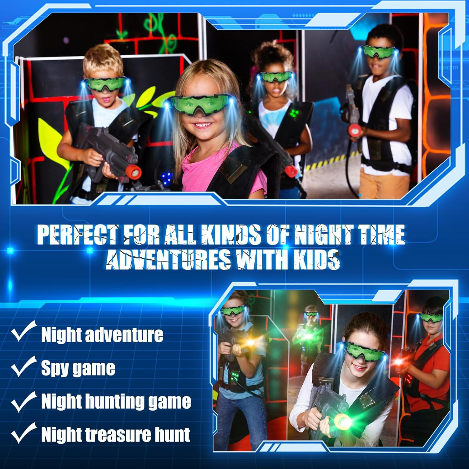 ALLOMN Spy Night Vision Goggles with Flip-Out, Adjustable Kids LED Night Green Lens Glasses for Hunting Racing Bicycling, Skying to Protect Eyes