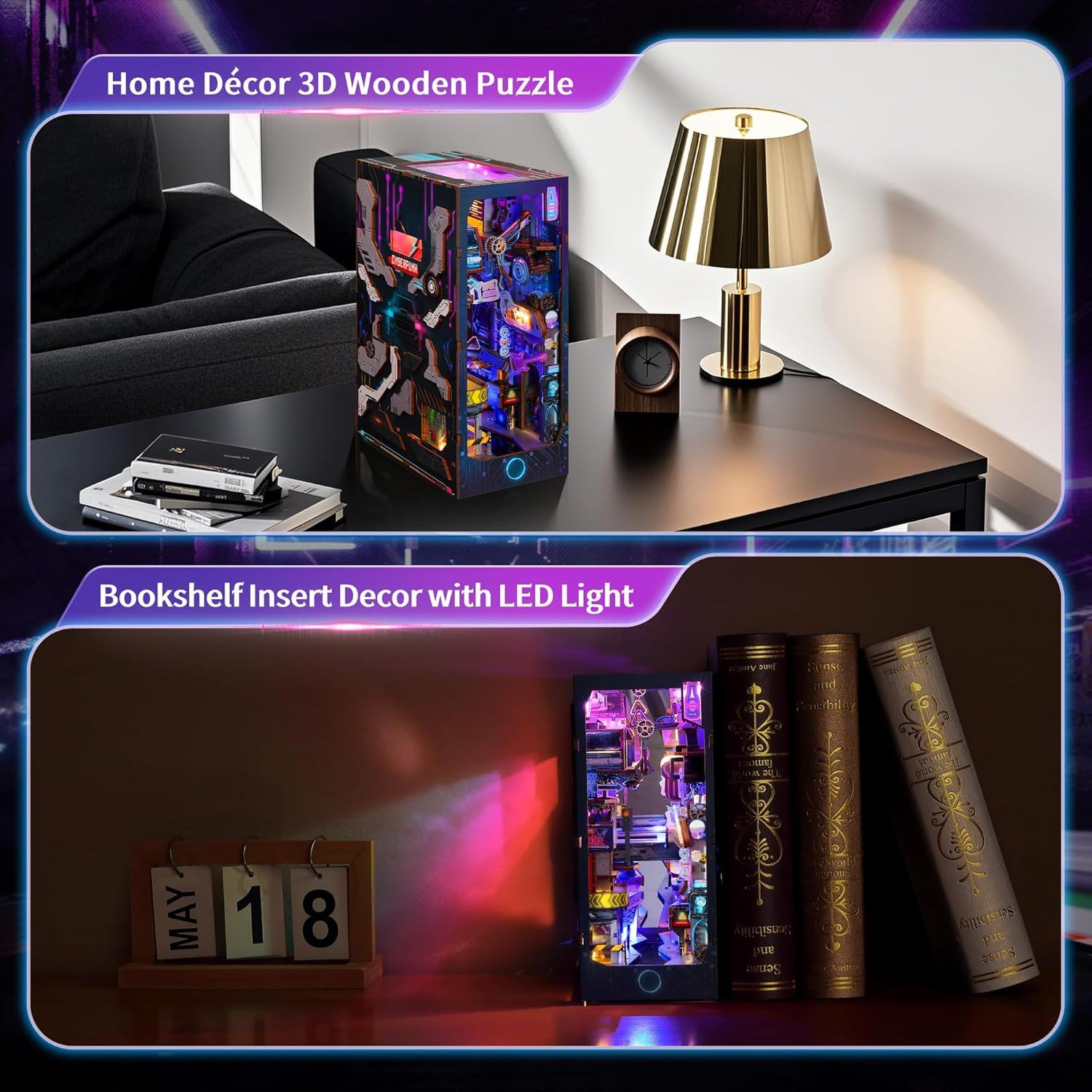 3D Wood Puzzle Book Nook Kit, Futuristic Miniature Bookshelf Insert with LED Lights, DIY Cyberpunk Bookend D&eacute;cor for Display, Unique Craft for Adults and Teens (Endless Dimensions) image number 6