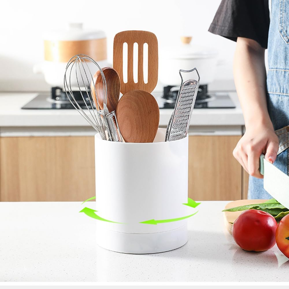 Cutlery Holder, Utensil Holder, 360 Rotating Cutlery Organiser, Utensils, Storage Basket, Cutlery Basket, Cutlery Storage, Kitchen Drip Holder, Dry Stand, Non-Slip PP (White) image number 4