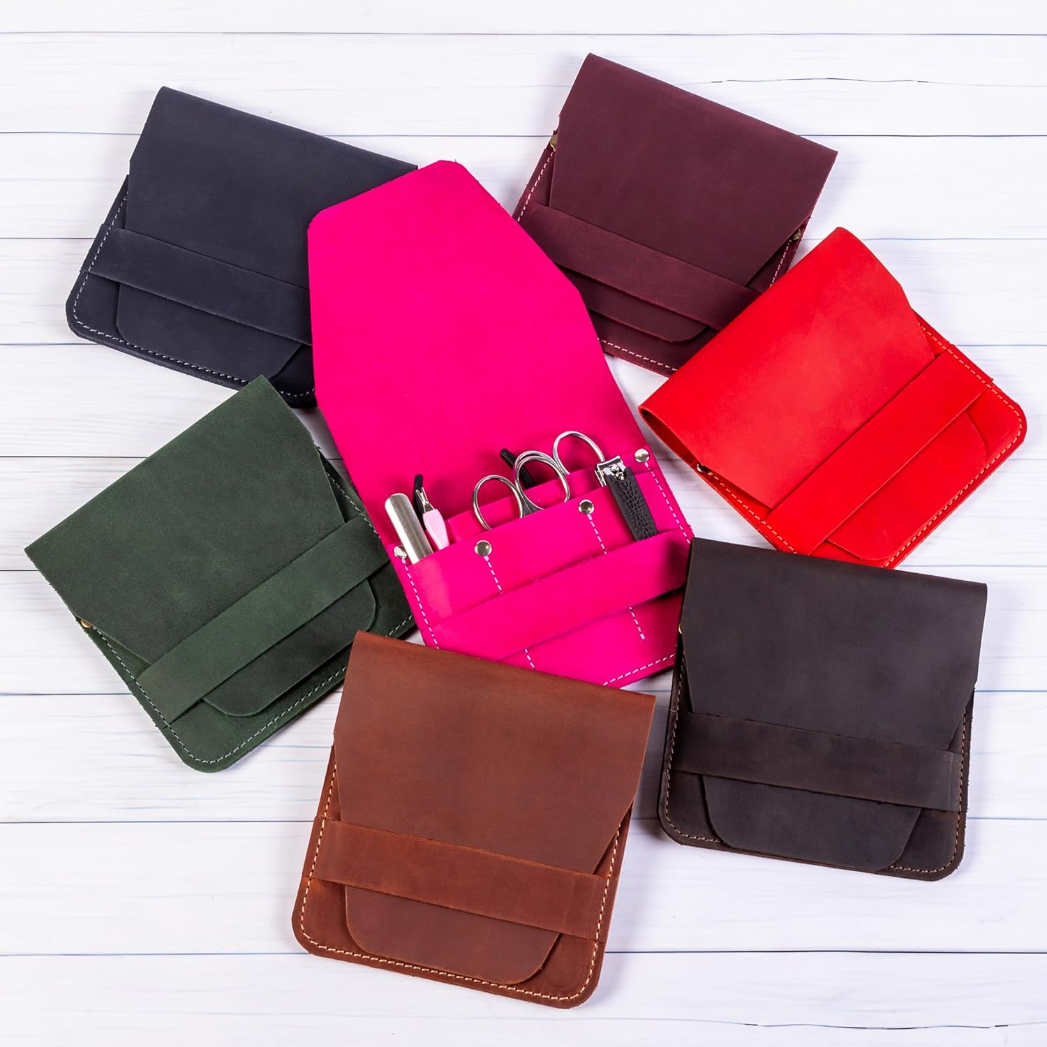 Leather Manicure Set Case Grooming Kit Organizer (Light Brown) image number 5