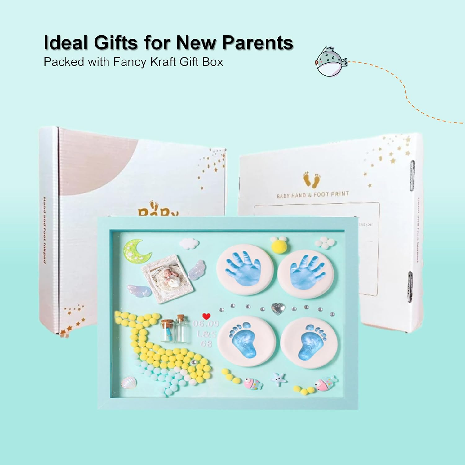 Blue Green Footprint and Handprint Personalized Picture Frame, All-In-One Boys Baby Shower Decorations for New Moms Gift, Set-With Hand and Foot Clay Mold and Casting Kit for Baby Registry Items, Newborn Essential Keepsake with Nursery Photo Frame image number 5