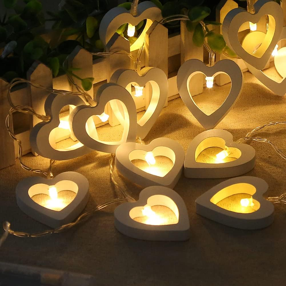 Gimuk 20 Led Warm White Wooden Heart Fairy String Light Xmas Wedding Decor Party Lighting Battery Powered (20 LED)