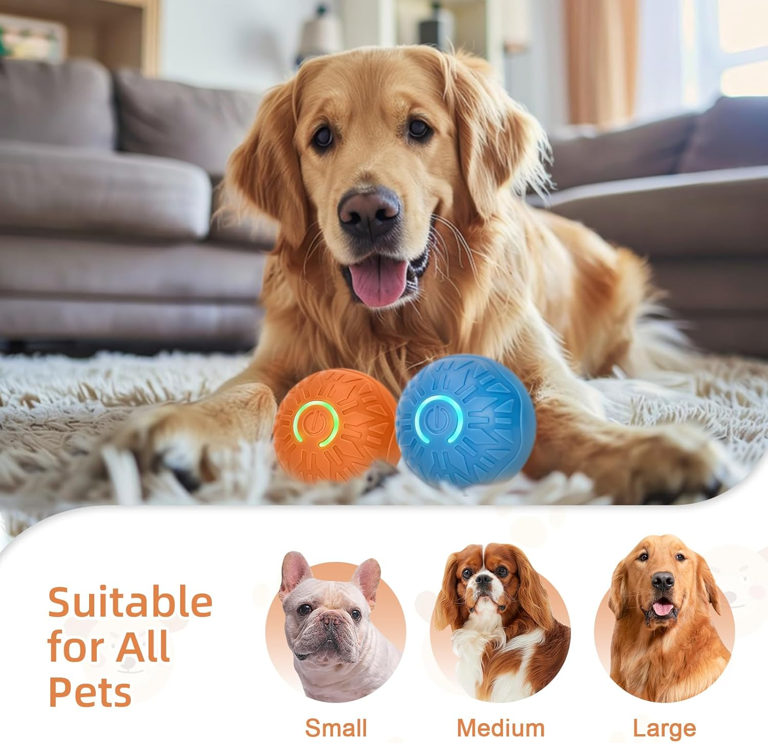 MR.TIMELAG Smart Interactive Dog Toy, Moving Activated Automatic Bouncing Rolling Dog Balls with Led Lights, Durable Sports Pet Toy For/Small/Medium Dogs,Usb Rechargeable(Orange+Blue) image number 1