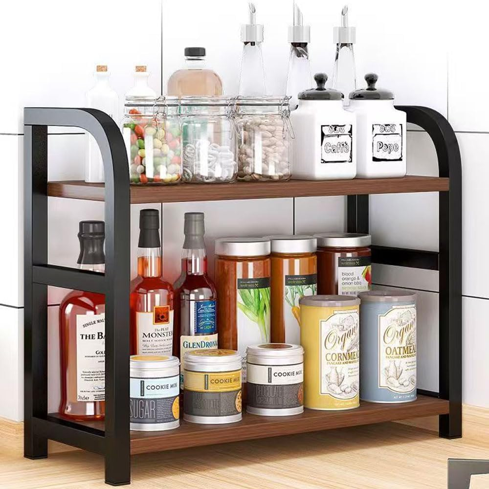 Hbluefat Countertop Shelf Organizer, 2 Tier Kitchen Spice Rack, Dresser Tabletop Perfume Cosmetics Display Shelf, Wood Desktop Shelf Storage for Home Office (Teak+Black) image number 4