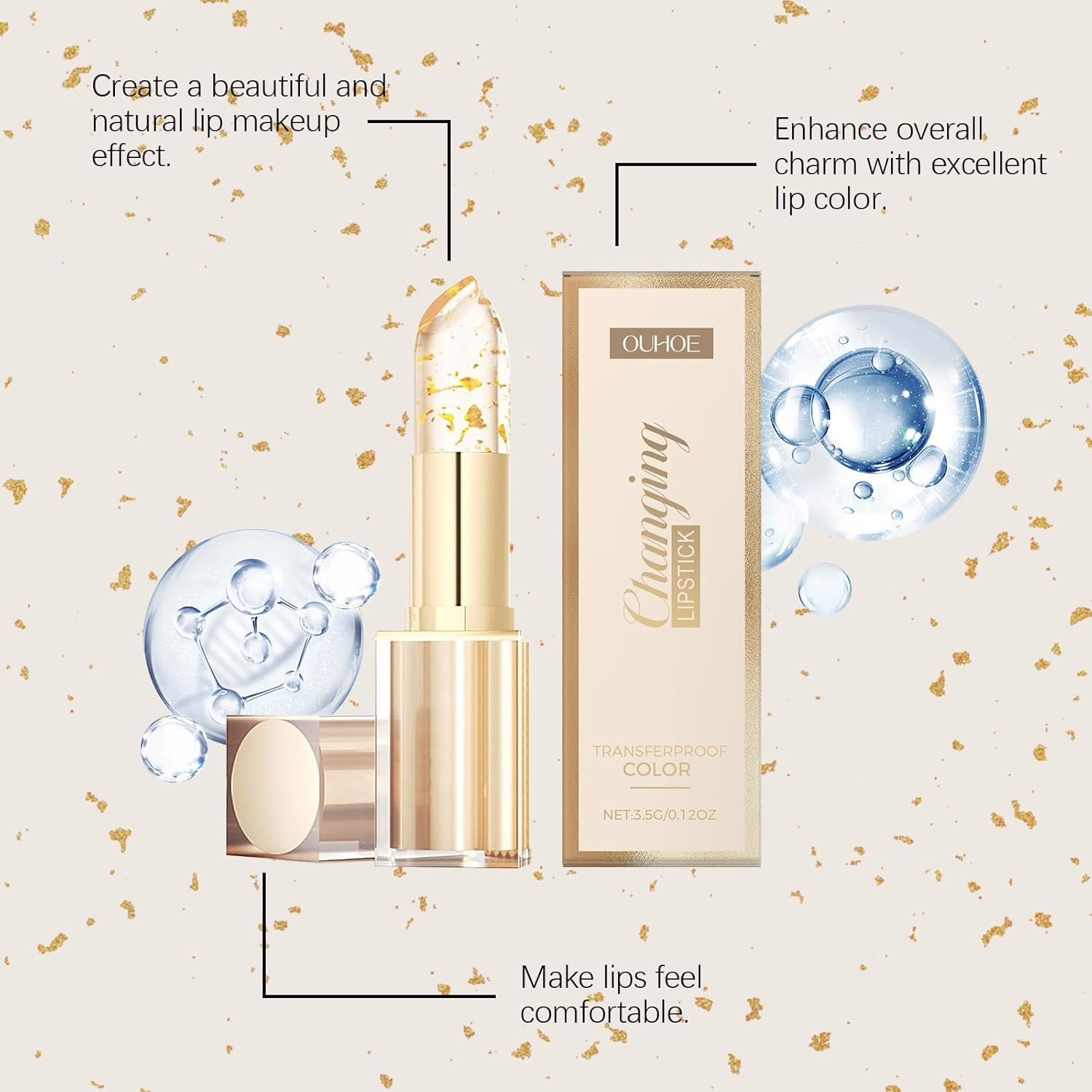Transferproof Color Changing Lipstick,Gold Crystal Ph Lipstick Color Changing,Deep Nourishment,Long Lasting Moisturizing Glossy Shine Lip Gloss for Women image number 4