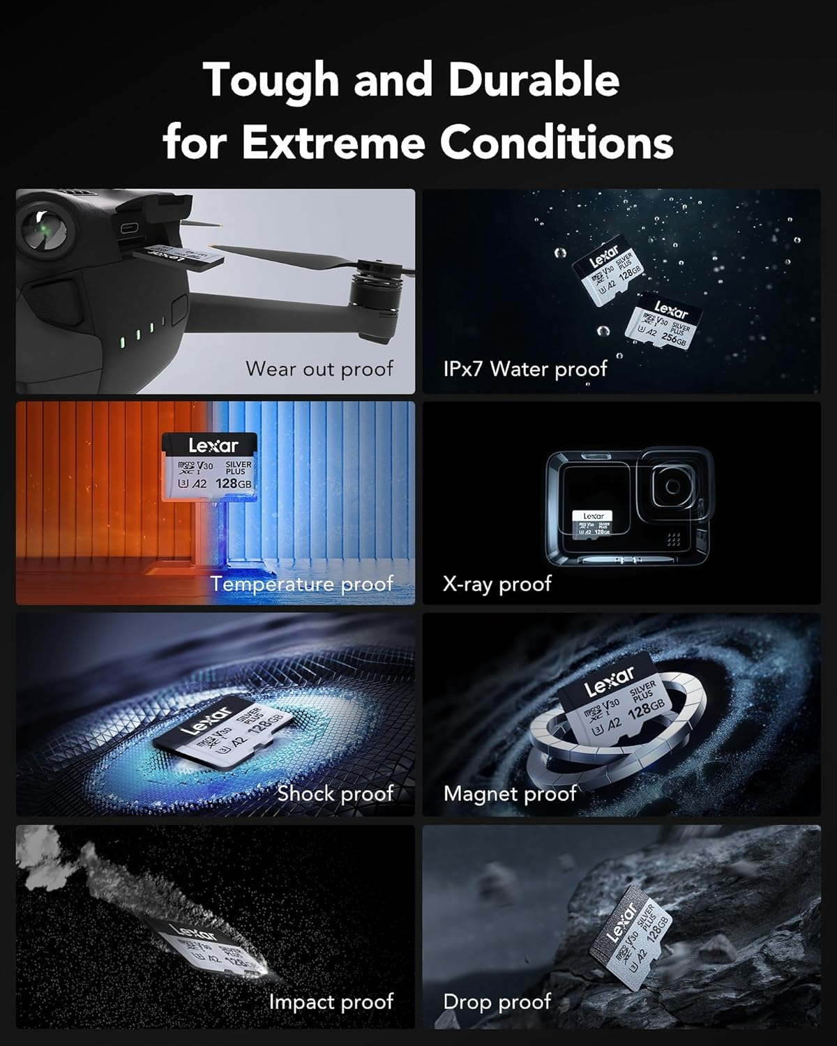 Lexar Silver plus Micro SD Card 128 GB, Memory Card Micro SD with SD Adapter, up to 205 Mb/S Read Speed, UHS-I, A2, U3, V30, Class 10, 4K UHD Microsdxc Memory Card image number 2