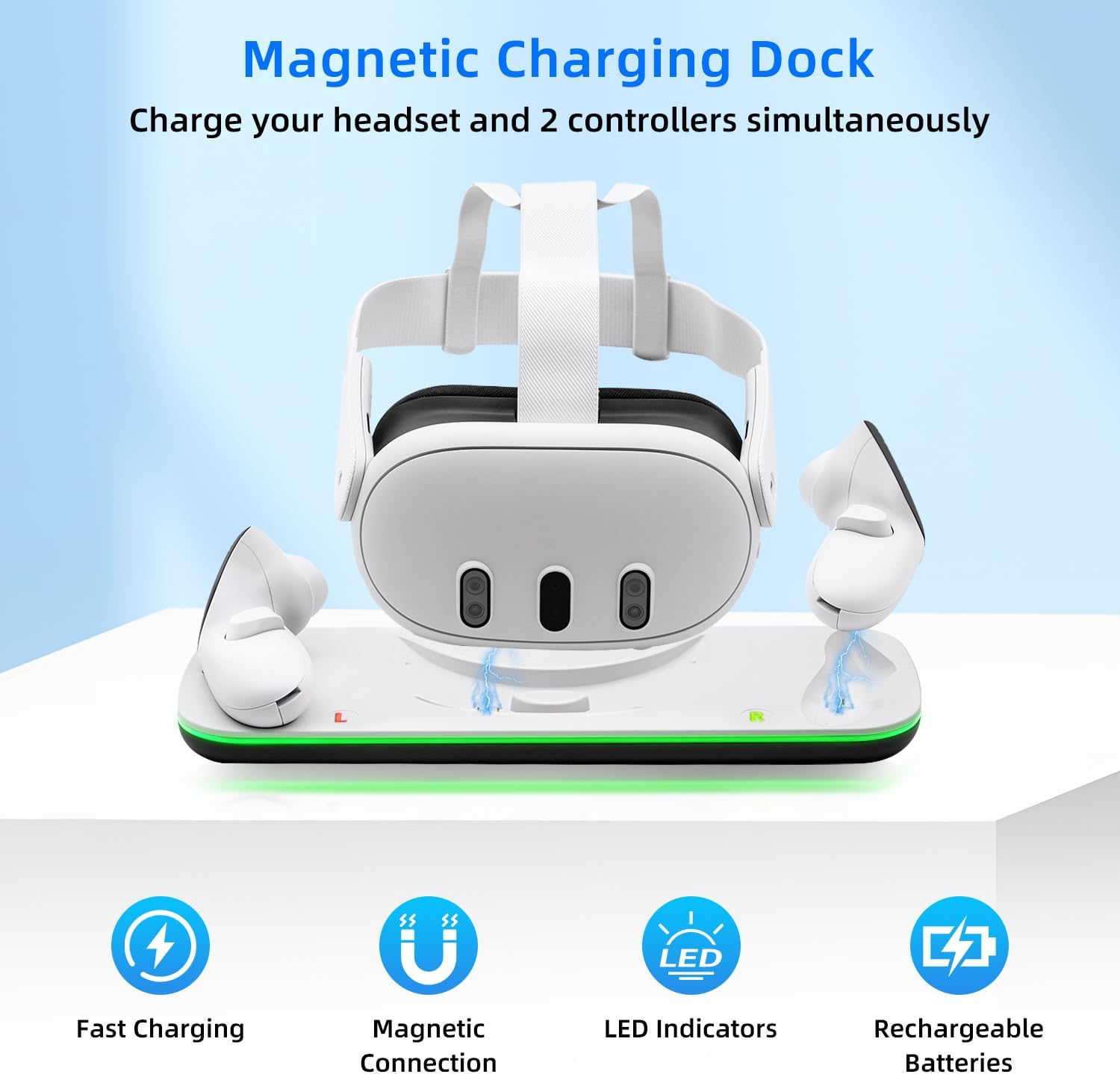Mcbazel Charging Dock for Quest 3, Fast Charging Station Display Stand with LED Light, Includes 2 Rechargeable Batteries for VR Headset & Controllers - White image number 2