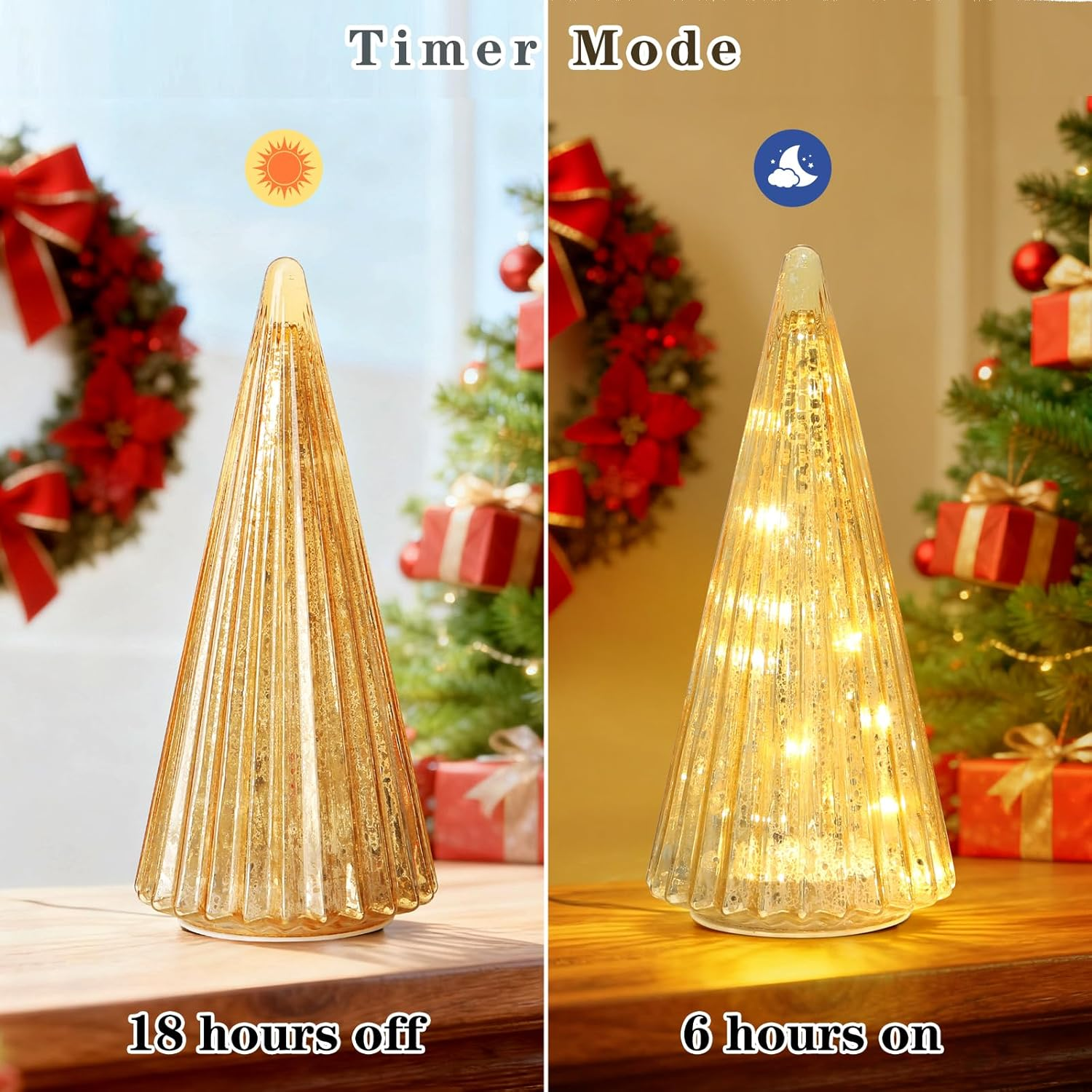 Mercury Glass Christmas Tree with LED Lights,Upgraded Table Top Christmas Tree Decorations with Timer,Widely Applicable to Party,Holiday Home and Mantel Decor (Gold) - Red image number 7