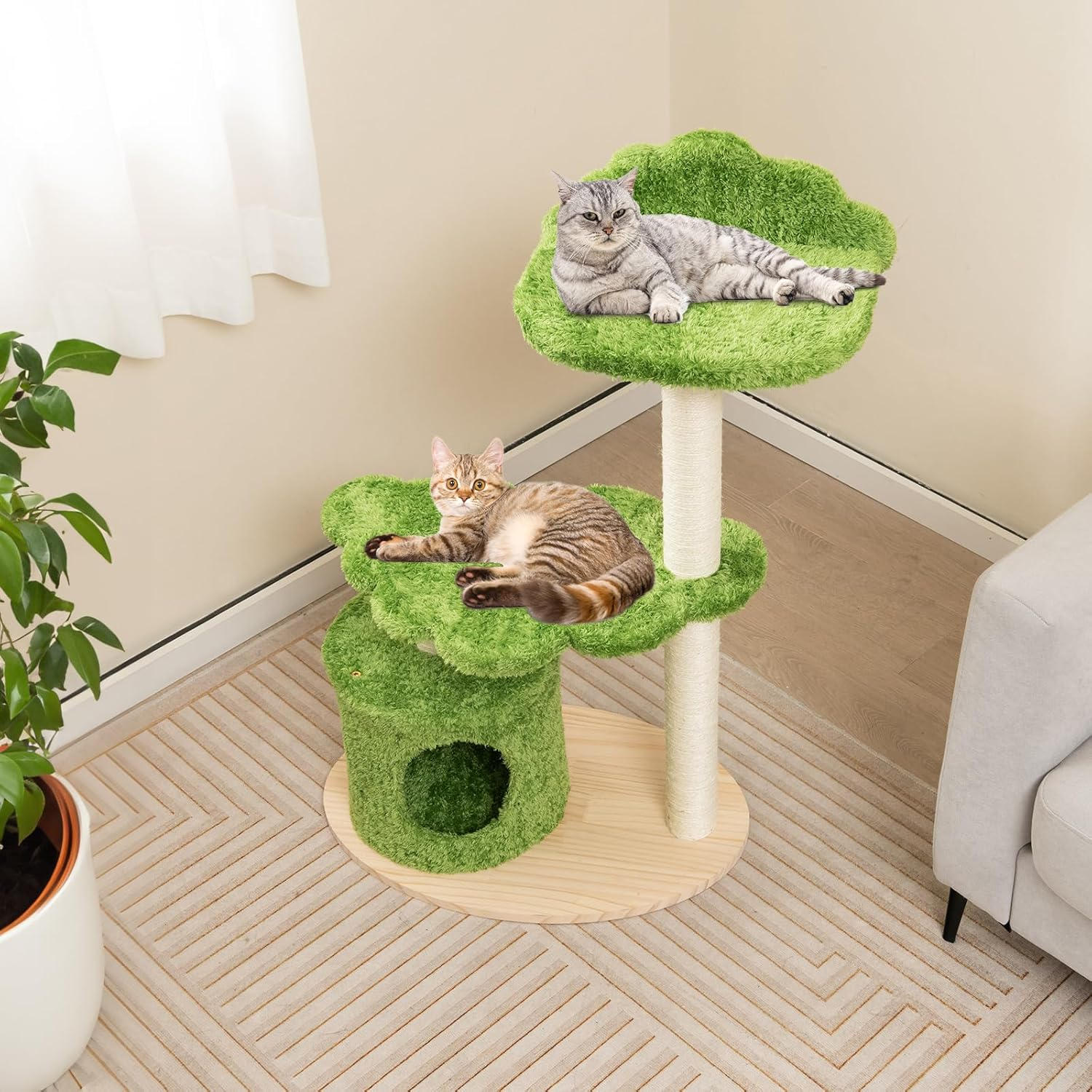 Wooden Cat Tree, 97CM Tall Cat Climbing Stand W/Sisal Scratching Posts, Cat Condo, Top Perch, Solid Wood Base, 3-Layer Cat Activity Center, Cat Tower Furniture for Indoor Kittens & Adult Cats