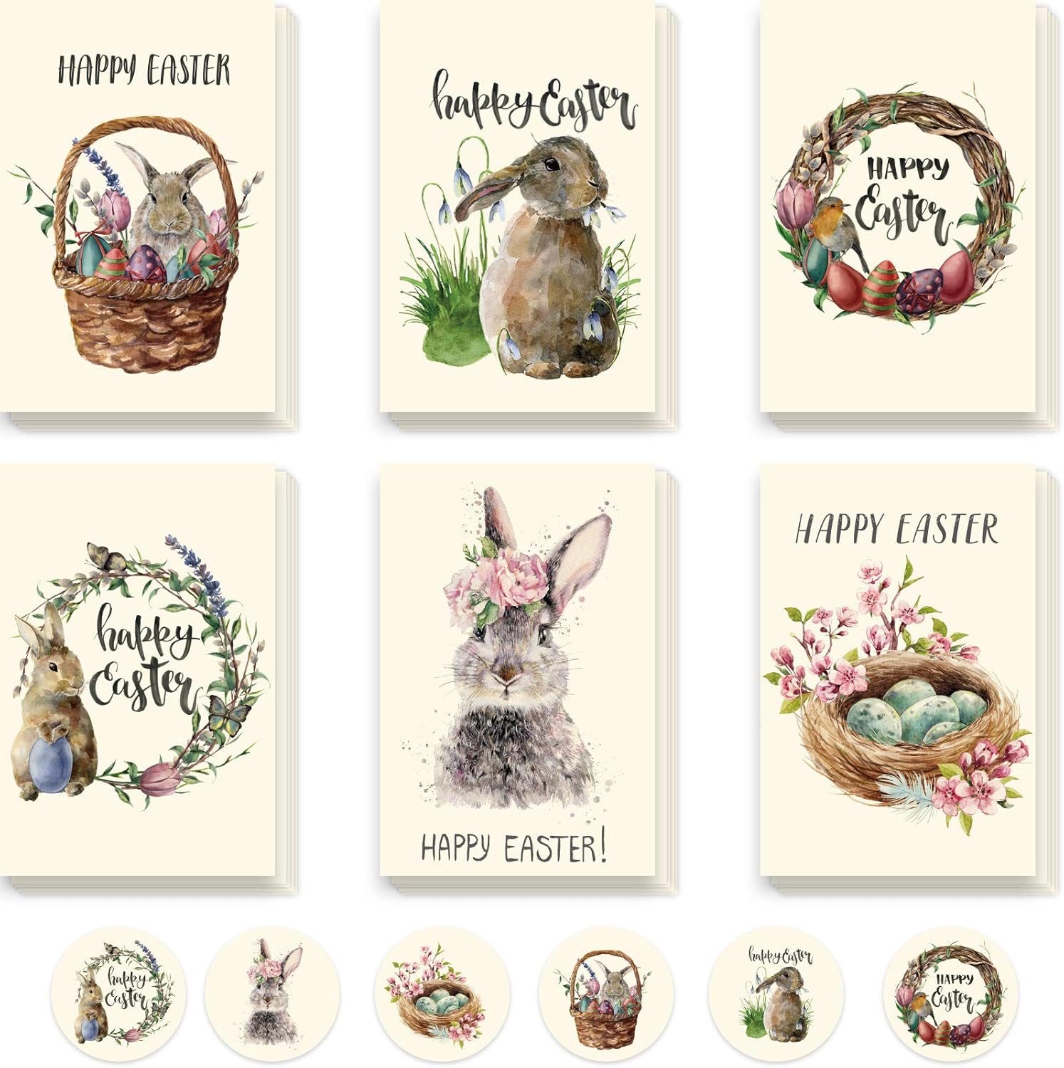 Whaline 30 Pack Vintage Easter Cards Kit with Envelopes and 30Pcs Adhesive Stickers Colorful Greeting Cards in 6 Designs Bunny Eggs Note Card for Classroom Exchange Easter Party Supplies image number 1