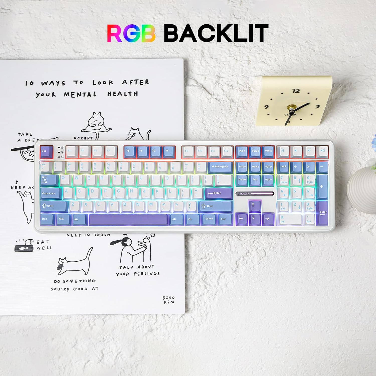 EPOMAKER Aula F108 Wireless Gaming Keyboard with 4000Mah Battery, US Layout Full Size Mechanical Keyboard with 108 Hot-Swappable Keys, RGB, for Mac/Pc/Android (White&Blue) - Black Gradient image number 3