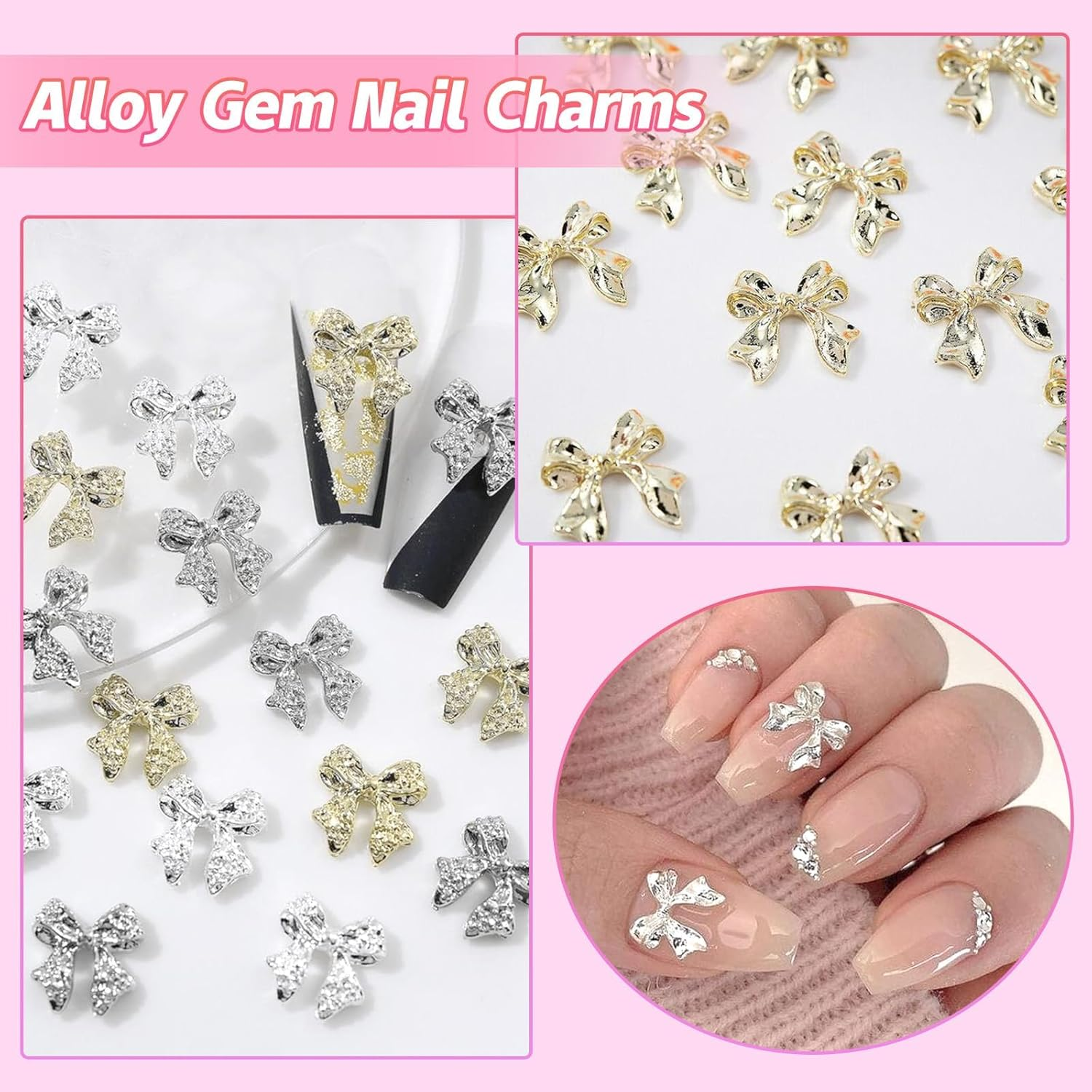 60 Pcs 3D Bow Nail Charm and Gems, Silver Gold Alloy Bowknot Nail Gems, 4 Colors Bows Acrylic Nail Art Charms Glitter Nail Gems Charms for Nail Art DIY Decoration Accessories Crafts image number 2