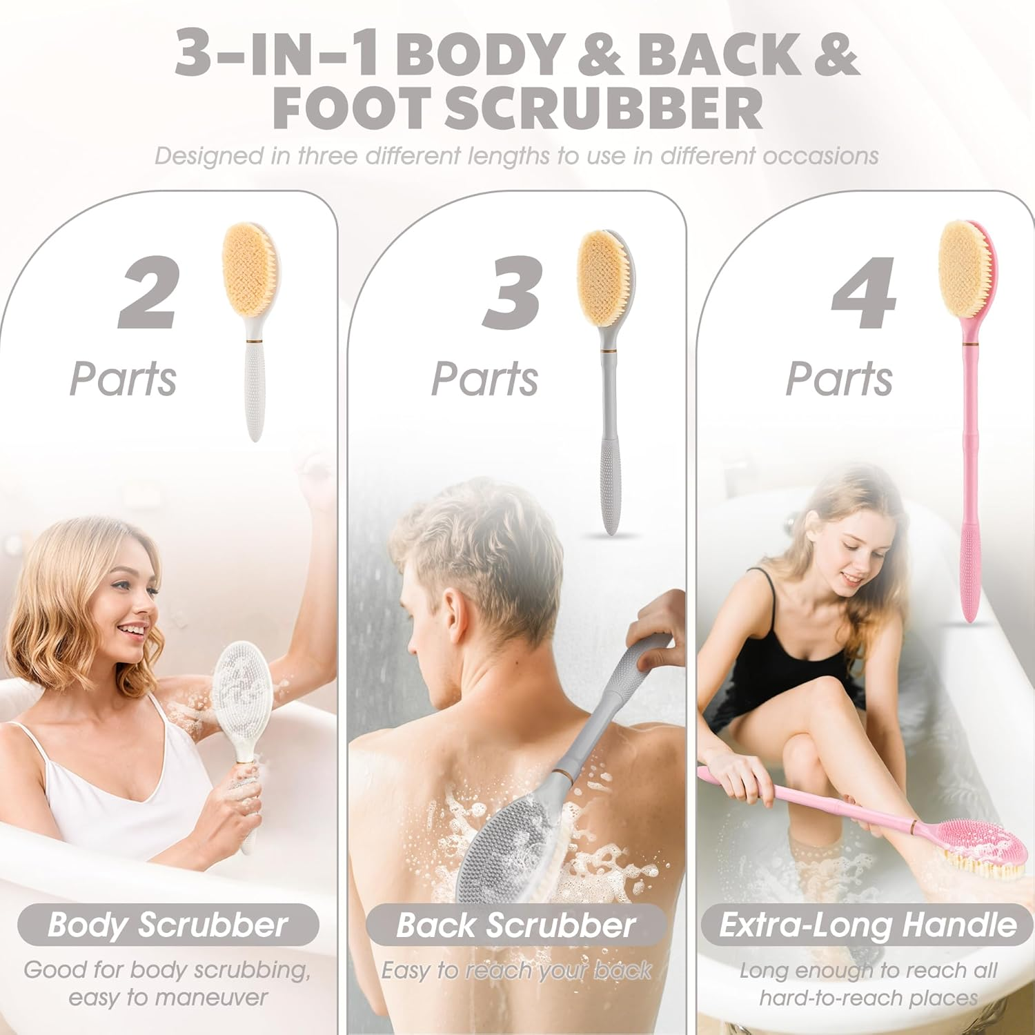 GEENOA New Back Scrubber Anti-Slip for Shower, 18.9&lsquo;&rsquo; Corn-Handle Shower Back Scrubber with Dual-Side Head & Soft Bristles, Adjustable Shower Brush Bath Brush for Lathering & Cleansing(Gray-L) image number 5