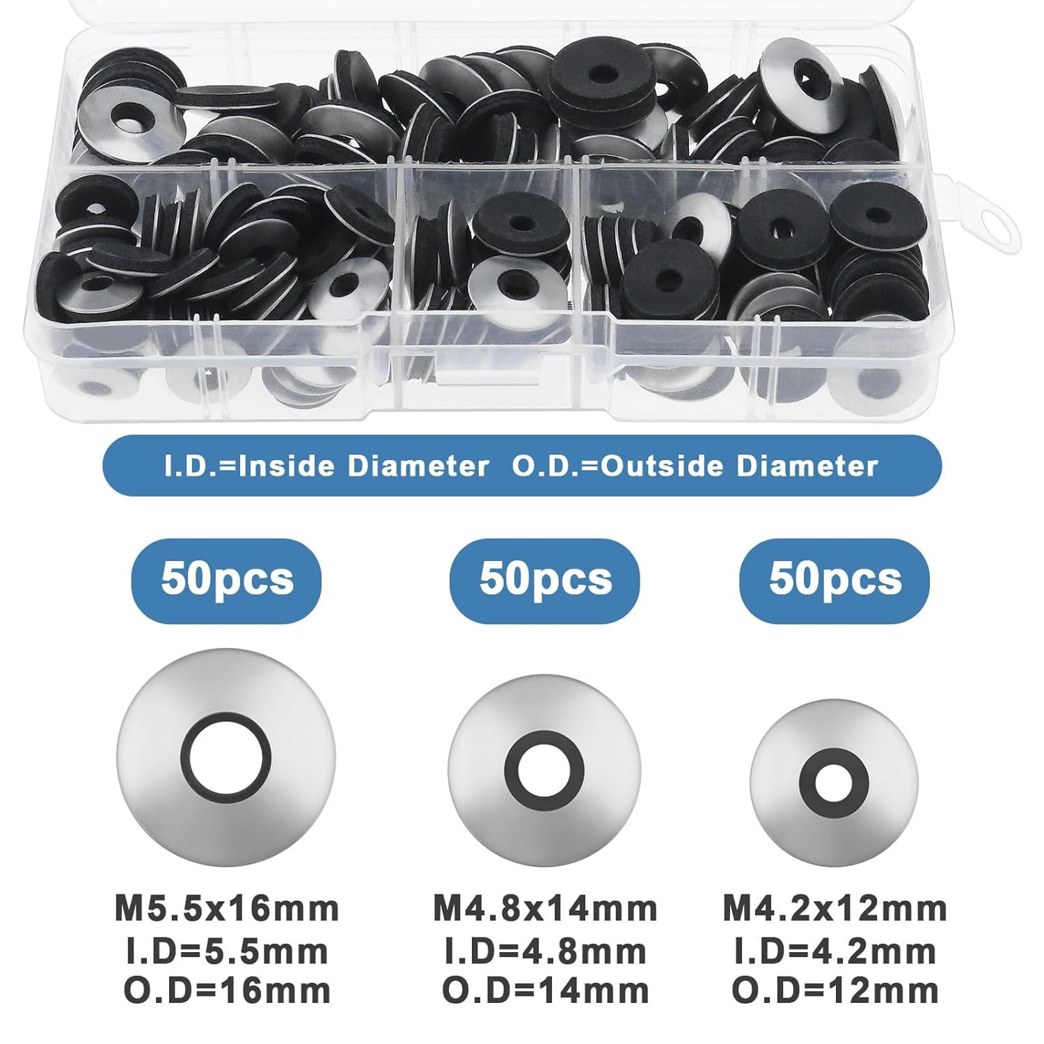 150PCS Neoprene Washers, Stainless Steel Neoprene EPDM Bonded Sealing Washers Rubber Washers Gasket M4.2X12Mm M4.8X14Mm M5.5X16Mm for Industrial Machinery Residential Commercial Constructions (Silver) image number 2
