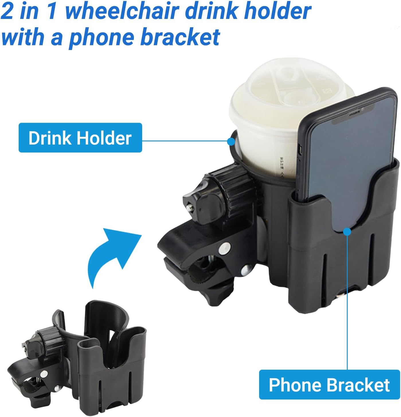 Cup Holder for Wheelchair, Scooter, Walker, Rollator - 2 in 1 Water/Drink Bottle Holder and Phone Bracket Accessories, Adjustable, 1 Pcs (Black-B) image number 1