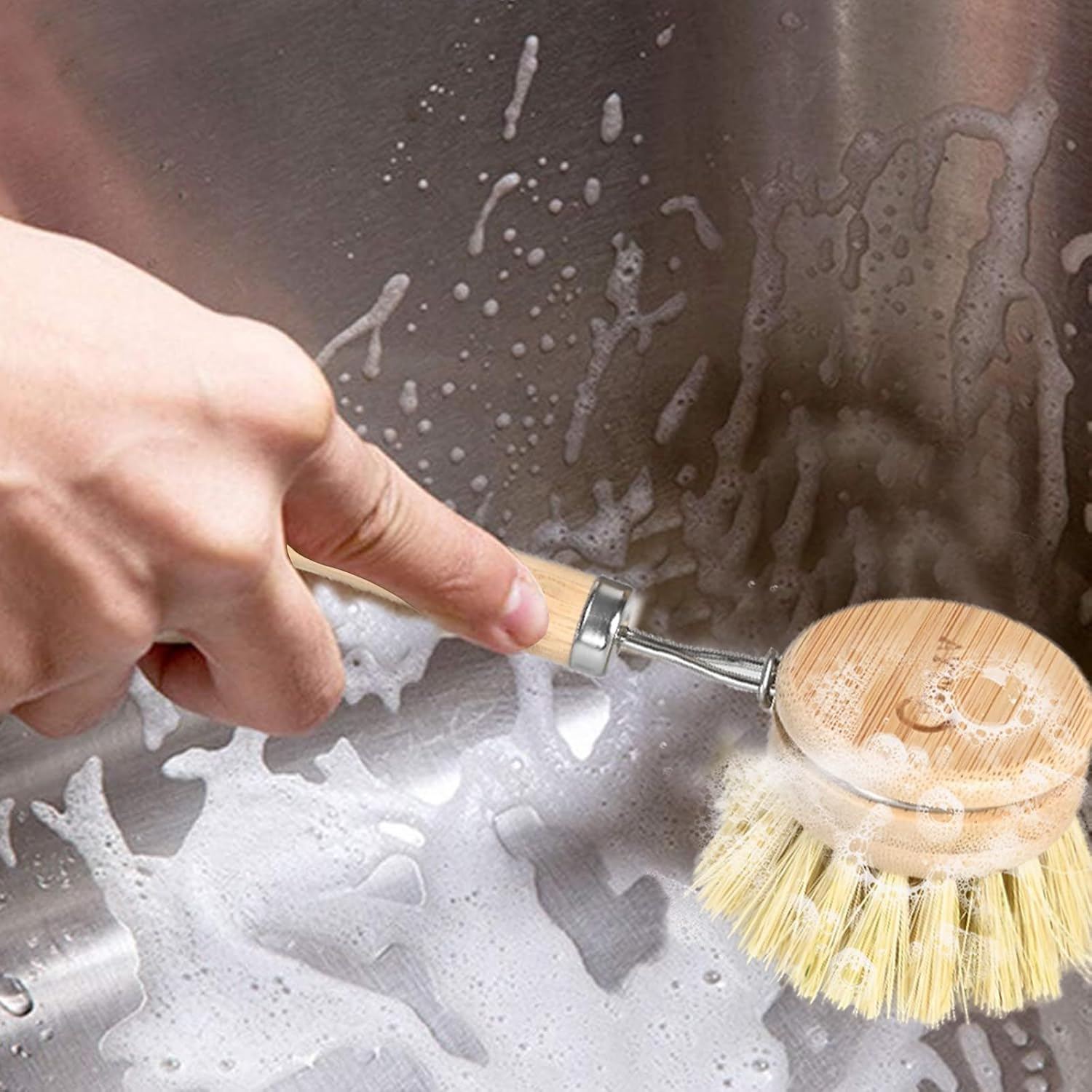 Bamboo Dish Brush with Handle 4 Replacement Heads, Eco-Friendly Soft Sisal Dish Scrubber Bamboo Wok Brush for Cleaning Kitchen Utensils image number 6