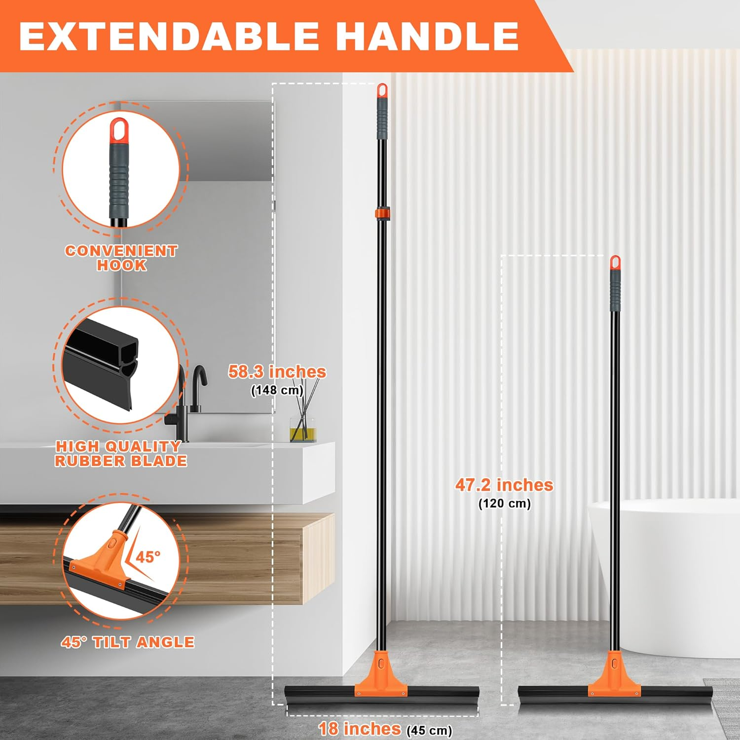 JEHONN Floor Squeegee Heavy Duty with 148 Cm Long Handle, Rubber Scraper Broom for Wet Room Garage Concrete Bathroom Tile Marble Shower Glass Shop Deck Window Indoor Outdoor image number 5