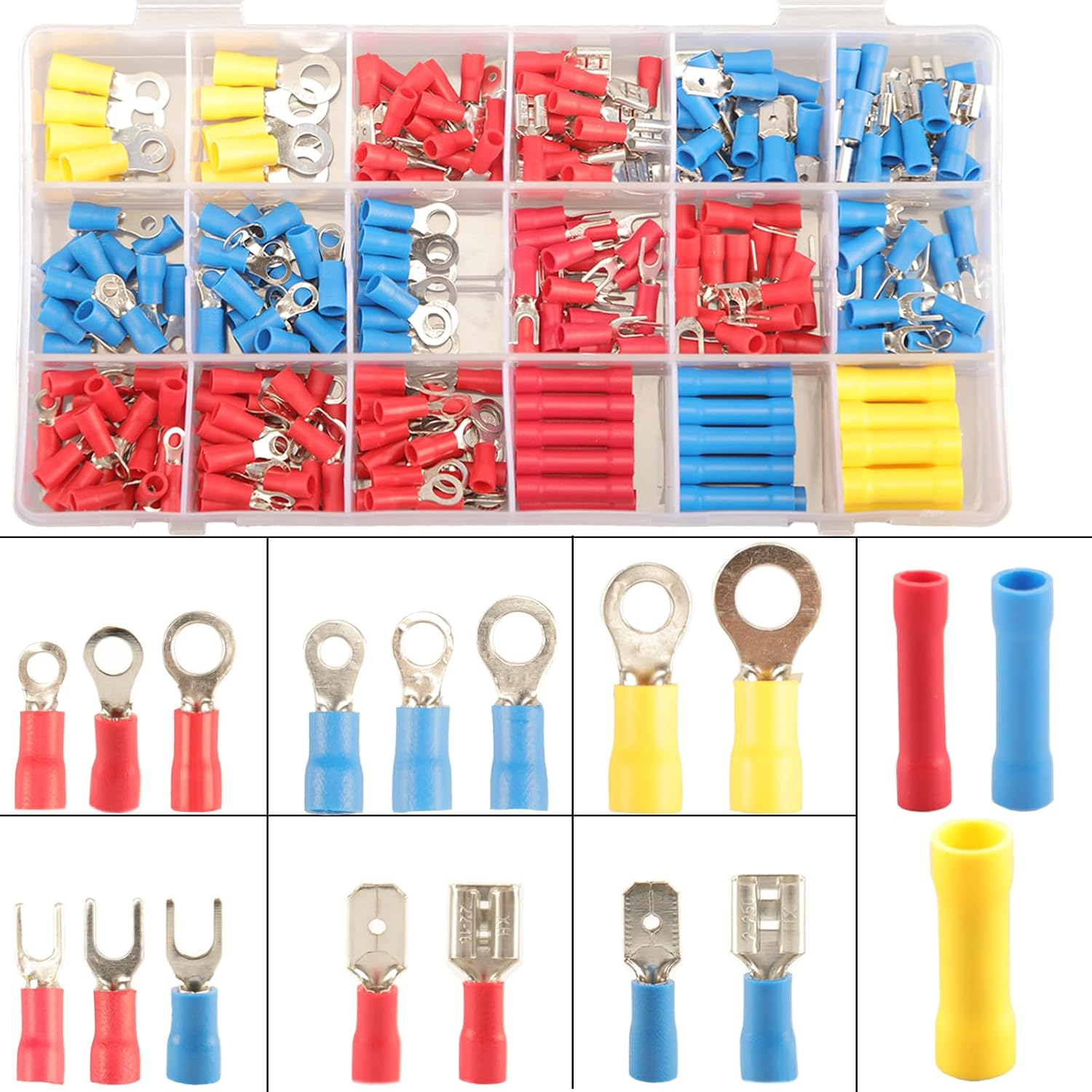 300Pcs 18 Types Crimp Connectors, Ring Spade Fork Butt Wire Connectors Kit, 6.3Mm Male and Female Spade Connector Kit, Quick Disconnect Crimp Terminals Electrical Connectors, Electrical Terminals image number 5