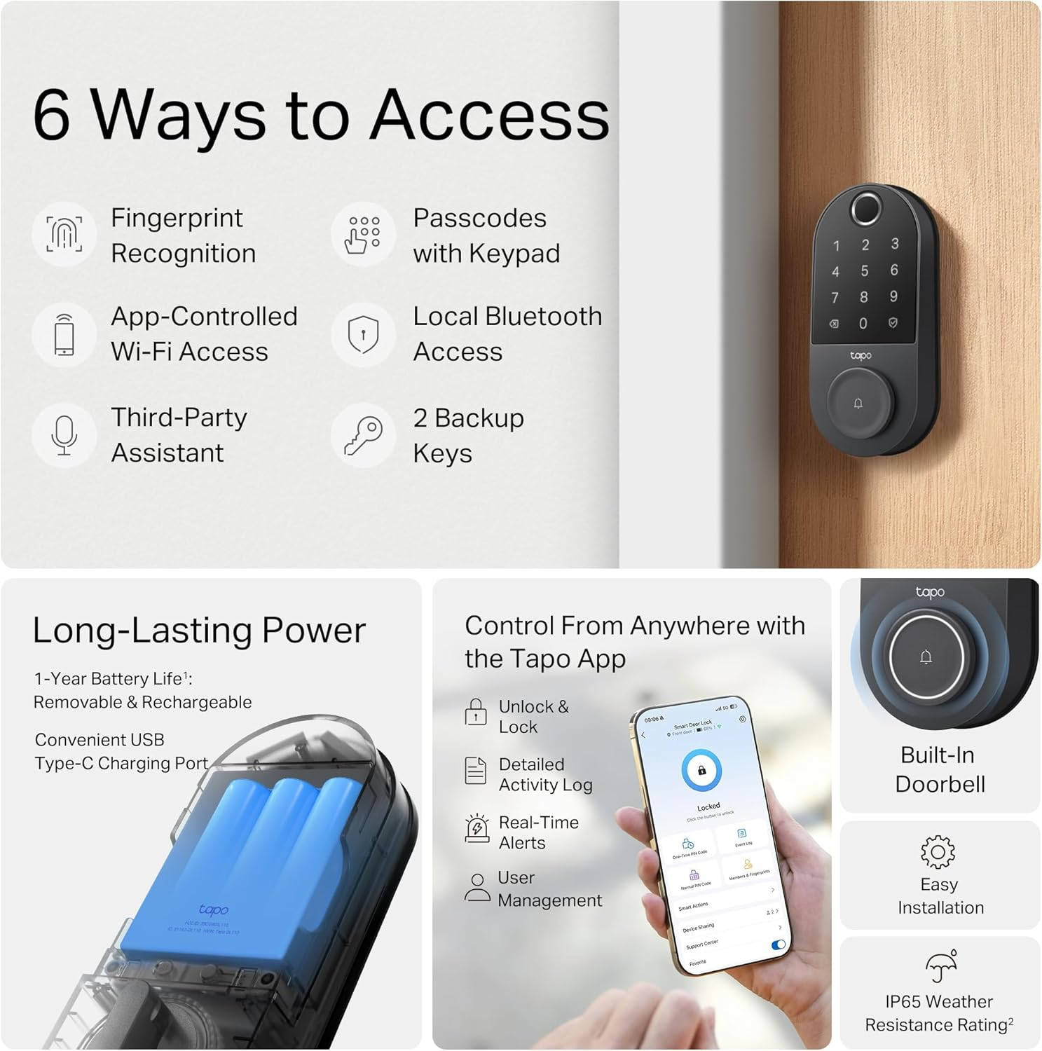 Tp-Link Tapo Smart Door Lock, Deadbolt | Keyless Entry, Fingerprint Recognition, Touchscreen Keypad & In-App Monitoring with Scheduled Access | 1-Year Rechargeable Battery | BHMA Grade 2 | Tapo DL110 image number 2