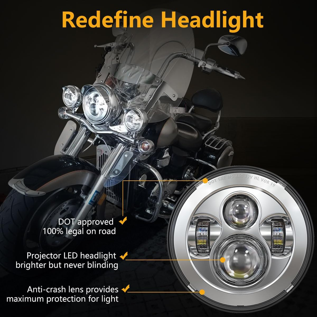 TRUCKMALL 7 Inch LED Headlight Fog Passing Lights DOT Kit Ring Motorcycle for Touring Road King Ultra Classic Electra Street Glide Tri Cvo Heritage Softail Slim Deluxe Fatboy Chrome - Black image number 3