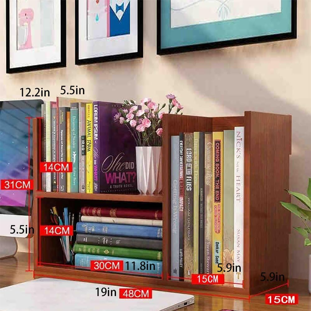 Hbluefat Small Desktop Bookcase Organizer, Wood Desk Storage Bookshelf Display Shelf/Rack for Home Office (Teak)
