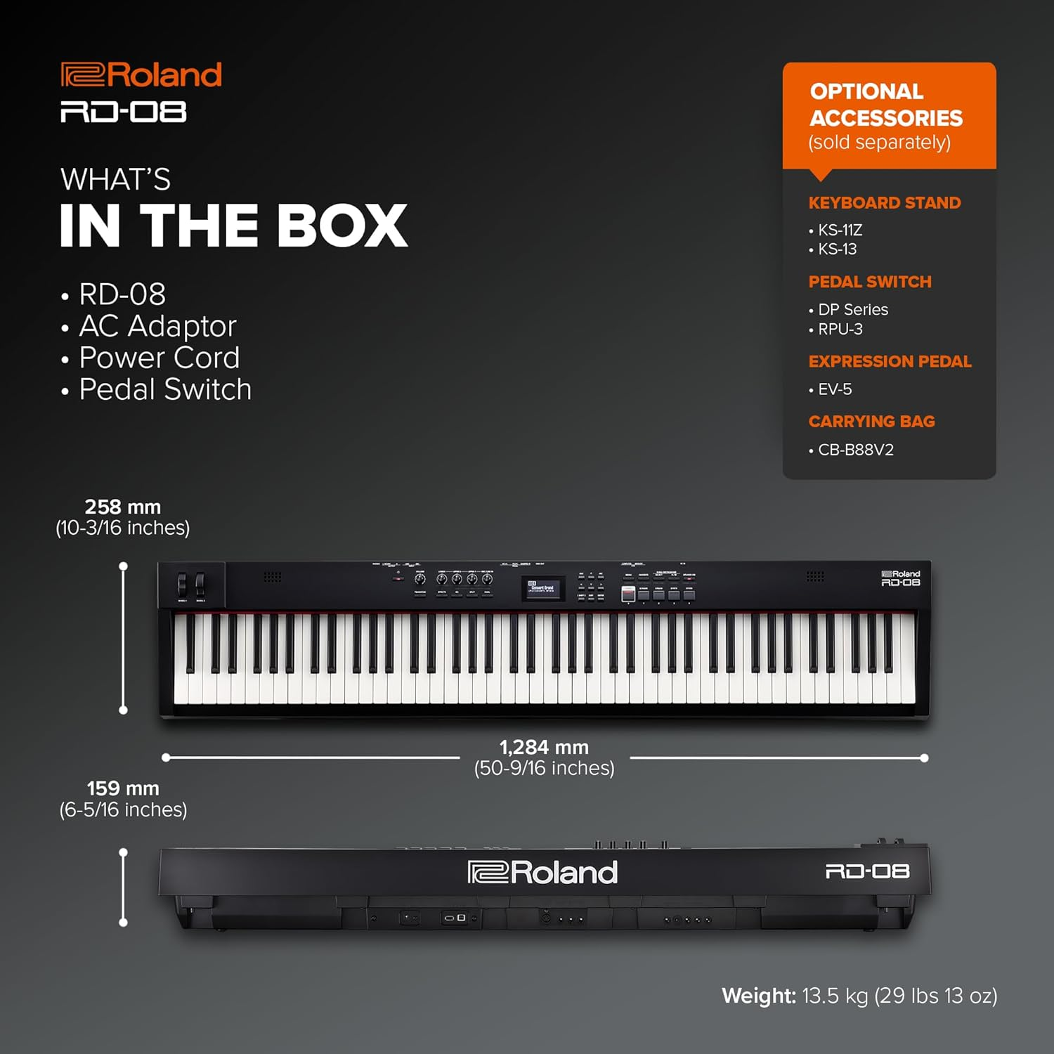 Roland RD-08 Stage Piano | Authentic RD Sound & Playability | Streamlined Design | 88-Note Weighted-Action PHA-4 Keyboard | Expandable Features | 3000+ Onboard Sounds | Ideal for Professional Gigging image number 4
