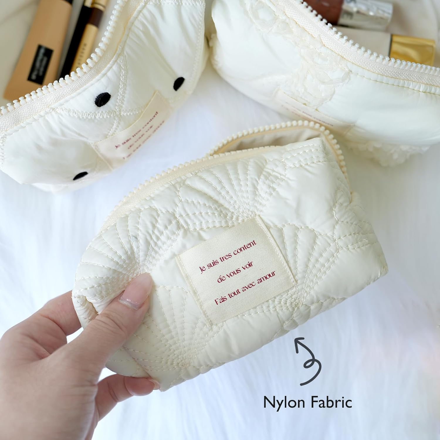 Sminra White Makeup Bag Small Nylon Cotton Quilted Cosmetic Makeup Bag Organizer, Aesthetic Floral Waterproof Portable Pouch Purse Toiletry Bag for Women Girls Travel Accessories, White Lace-S, - White Lace-L image number 2