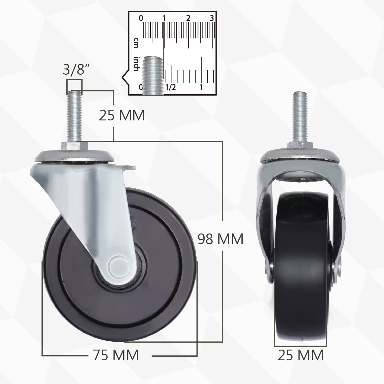 AXL 3 Inch 3/8"-16X1 Threaded Stem Wheel Castors (Screw Diameter 3/8", Screw Length 1"), Wheel Replacement for Clothing Garment Rack, Shelving Rack, Whiteboard, Set of 4, Castor Wheel with Bolt image number 4