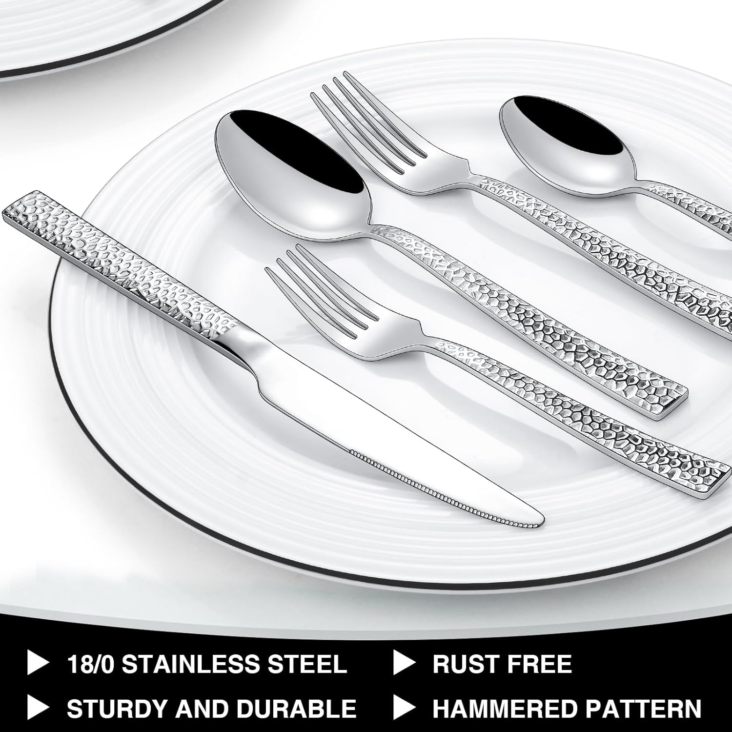 Hammered Silverware Set, 40-Piece Stainless Steel Square Flatware Set for 8, Food-Grade Tableware Cutlery Set, Utensil Sets for Home Restaurant, Mirror Finish, Dishwasher Safe image number 2