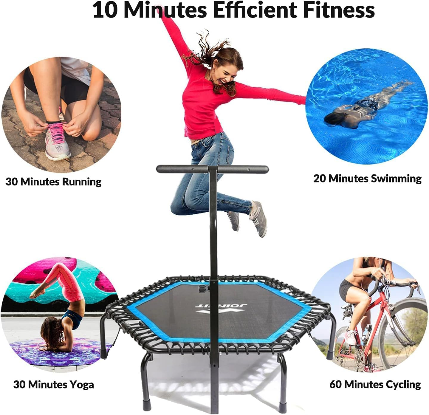 50" Rebounder Mini Trampoline Australia, Fitness Trampolines, 330 LBS Foldable T Shape Adjustable Foam Handle, Stable & Quiet, Mini Exercise Rebounder for Kids Adults Indoor Outdoor Jumping Cardio image number 4