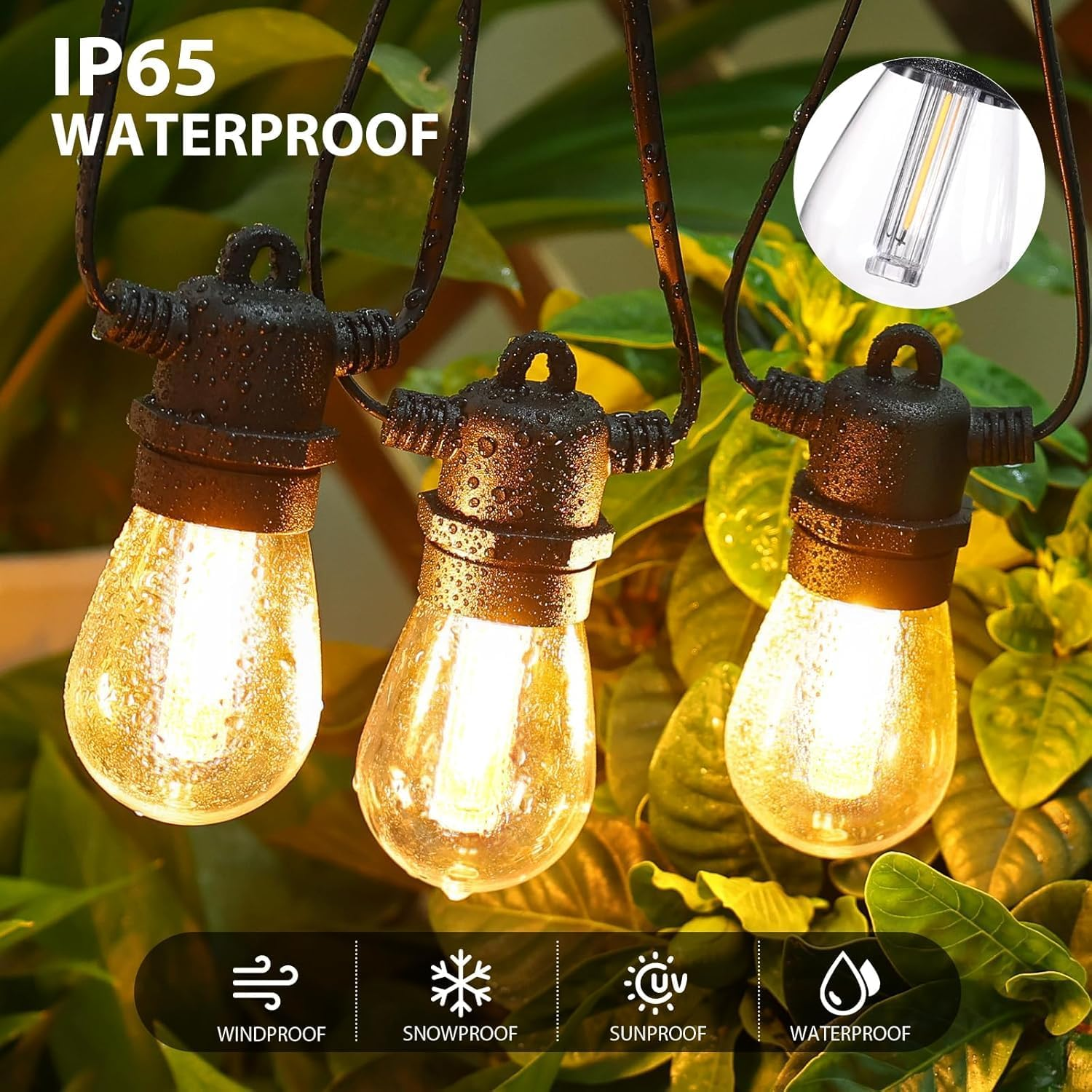 Roshin Solar Lights Outdoor 15M 25 Bulbs(49Ft) - Bright Solar Festoon String Lights Outdoor with IP65 Waterproof Shatterproof for Backyard, Garden, Yard, Camping, Party, Christmas (S14) image number 4