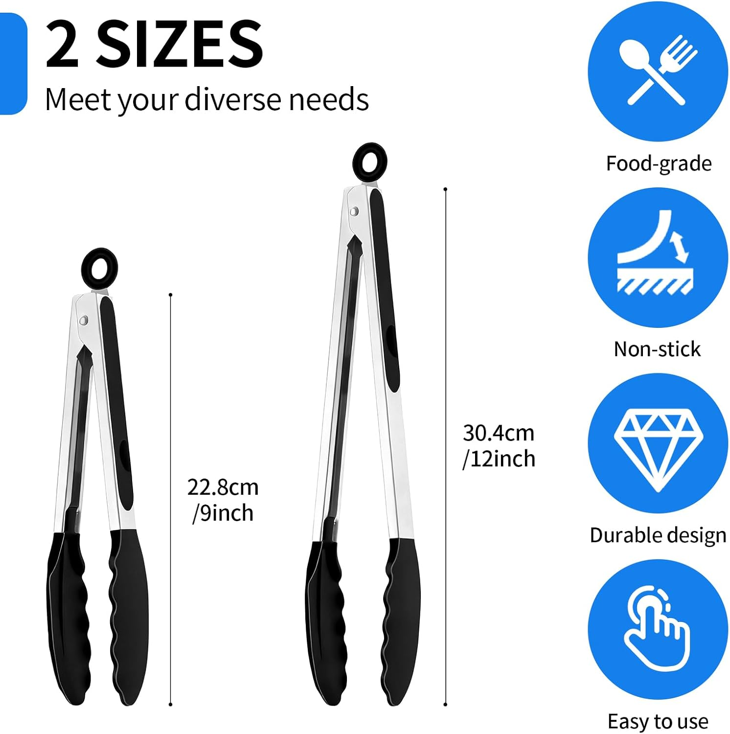 Kitchen Tongs Set of 2, 9-Inch and 12-Inch Stainless Steel Silicone Tongs with Non-Stick Surface, Black and Silver for Kitchen, BBQ, Food, Travel, Kitchen Utensils image number 3