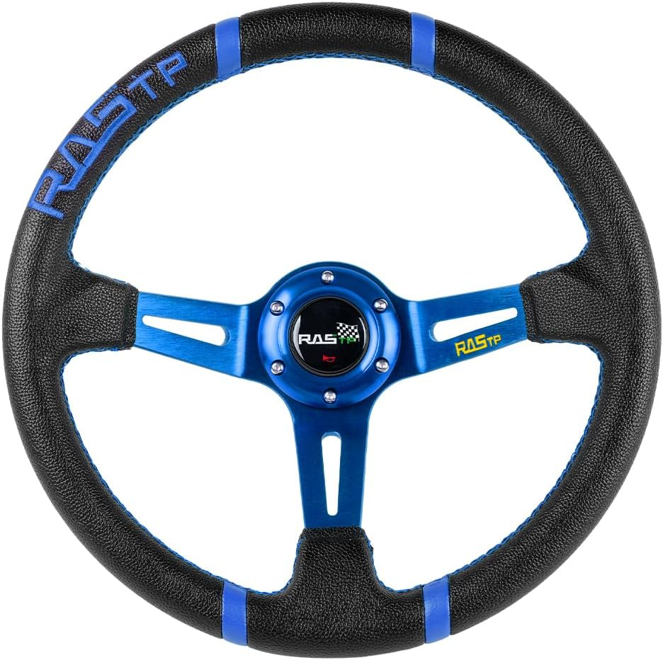 RASTP Universal Racing Steering Wheel,Deep Dish Steering Wheel Leather Embroidery 13.58&rdquo;/345Mm 6 Bolts with Horn Button Include Cable, Wrench,Red