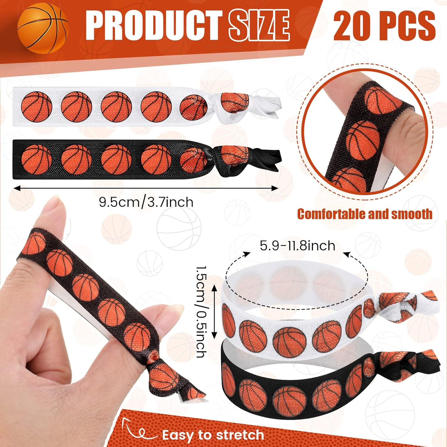 Hanaive 20 Pcs Basketball Hair Ties Elastic Ponytail Holders No Crease Ribbon Basketball Hair Accessories for Party Team (Orange) image number 3