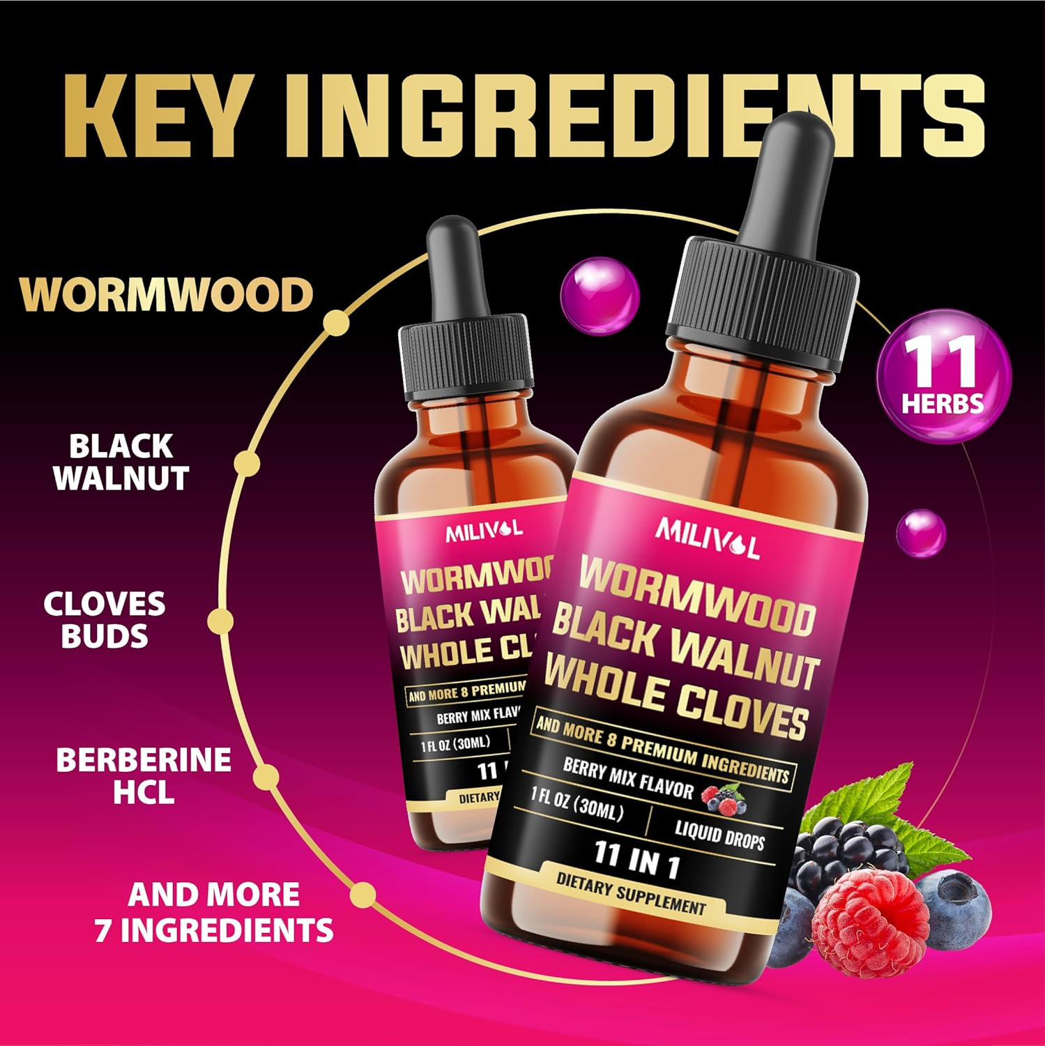 [2 Packs of 1Fl Oz 11In1 Liquid Drops Black Walnut Wormwood Tincture Extract with Whole Cloves, Berberine and 8 More - 4 Months Supply - Berry Mix Flavor image number 4