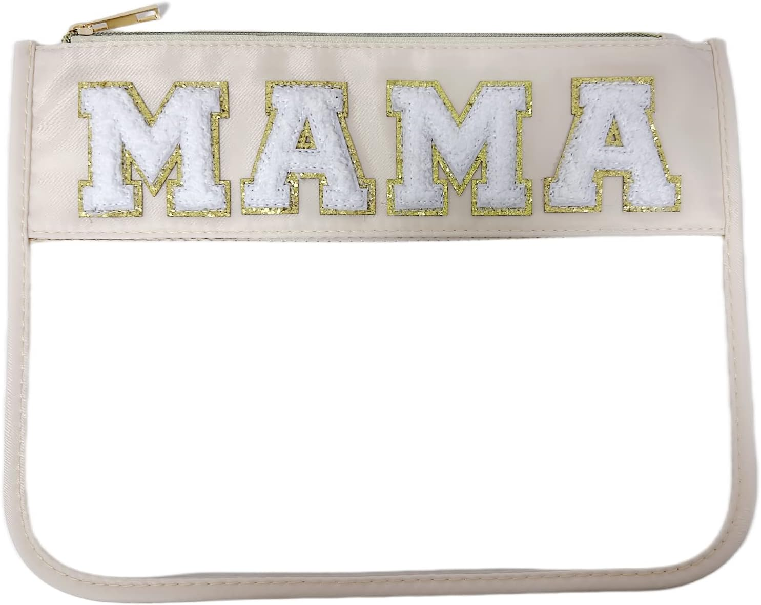 Clear Makeup Letter Bag, Chenille Patch Cosmetic Toiletry Pouch, Stadium Preppy Bags for Women Girls, Beige-Mama image number 2