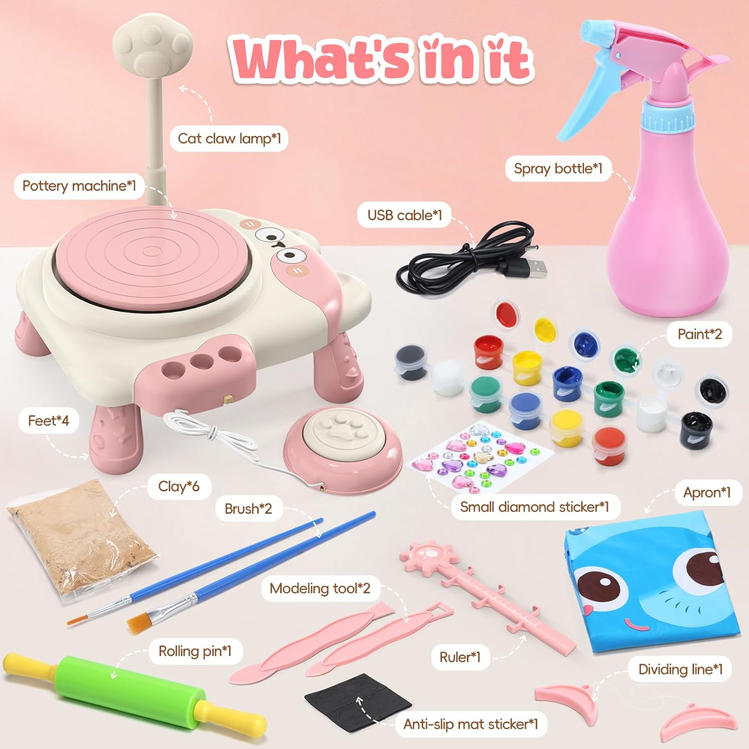 Skirfy Mini Pottery Wheel Machine Kit for Beginners Kids with Light,Electric Ceramic Wheel with Foot Pedal&Painting Kit, Adjustable Speed, Tiny Clay Spinner DIY Tools for Art Craft,Toy for Kids Age 6+ image number 1