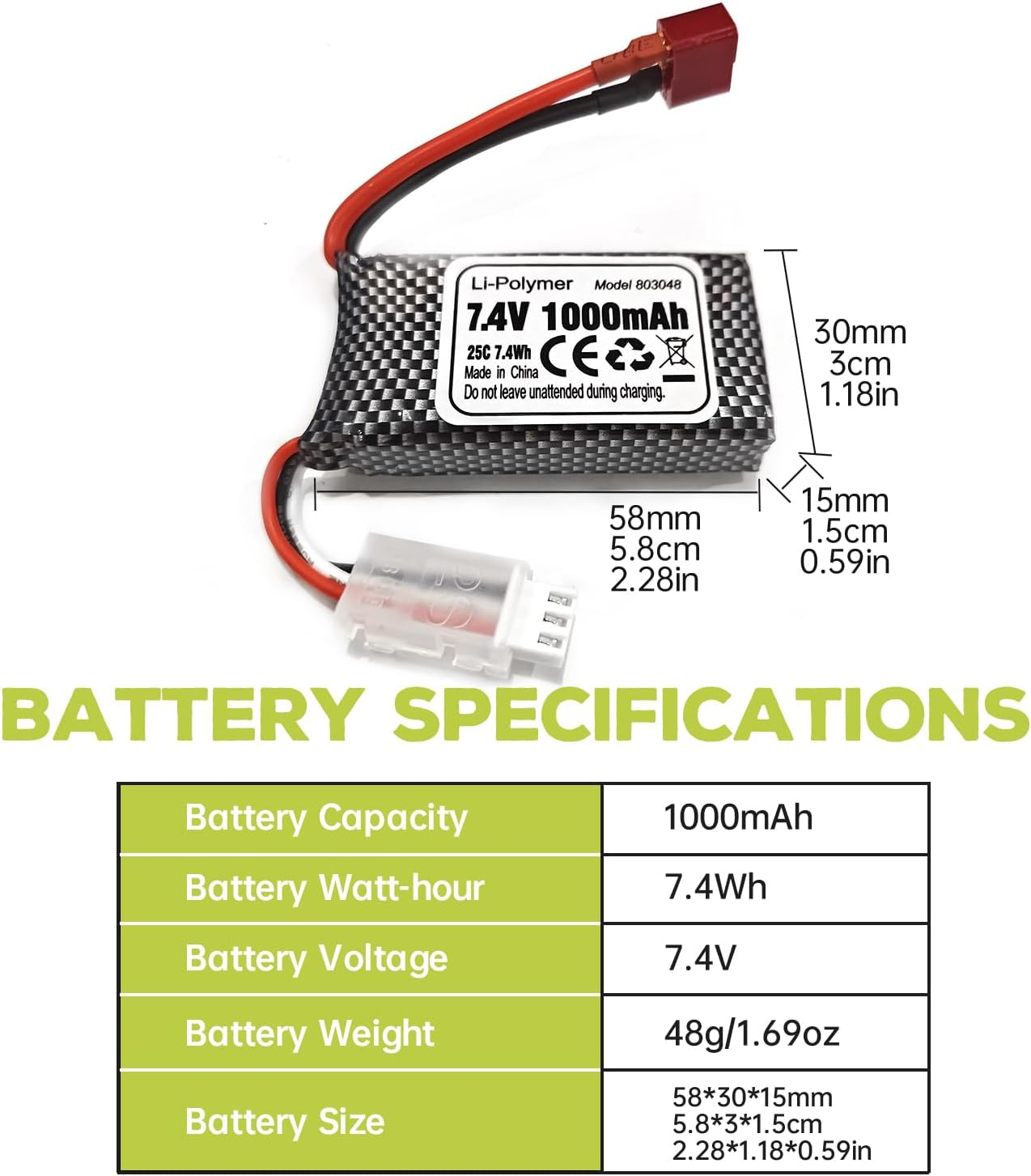 2PCS 7.4V 1000Mah T-Type Plug Lithium Battery for 18858 18859 18859A 18859E HM163 HM164 35-DJ03 35-DJ04 SN-DJ02 16889 16889A 16890 2845 2846 Q901 Q902 Q903 Remote Control Car Quadcopter Drone Battery image number 4