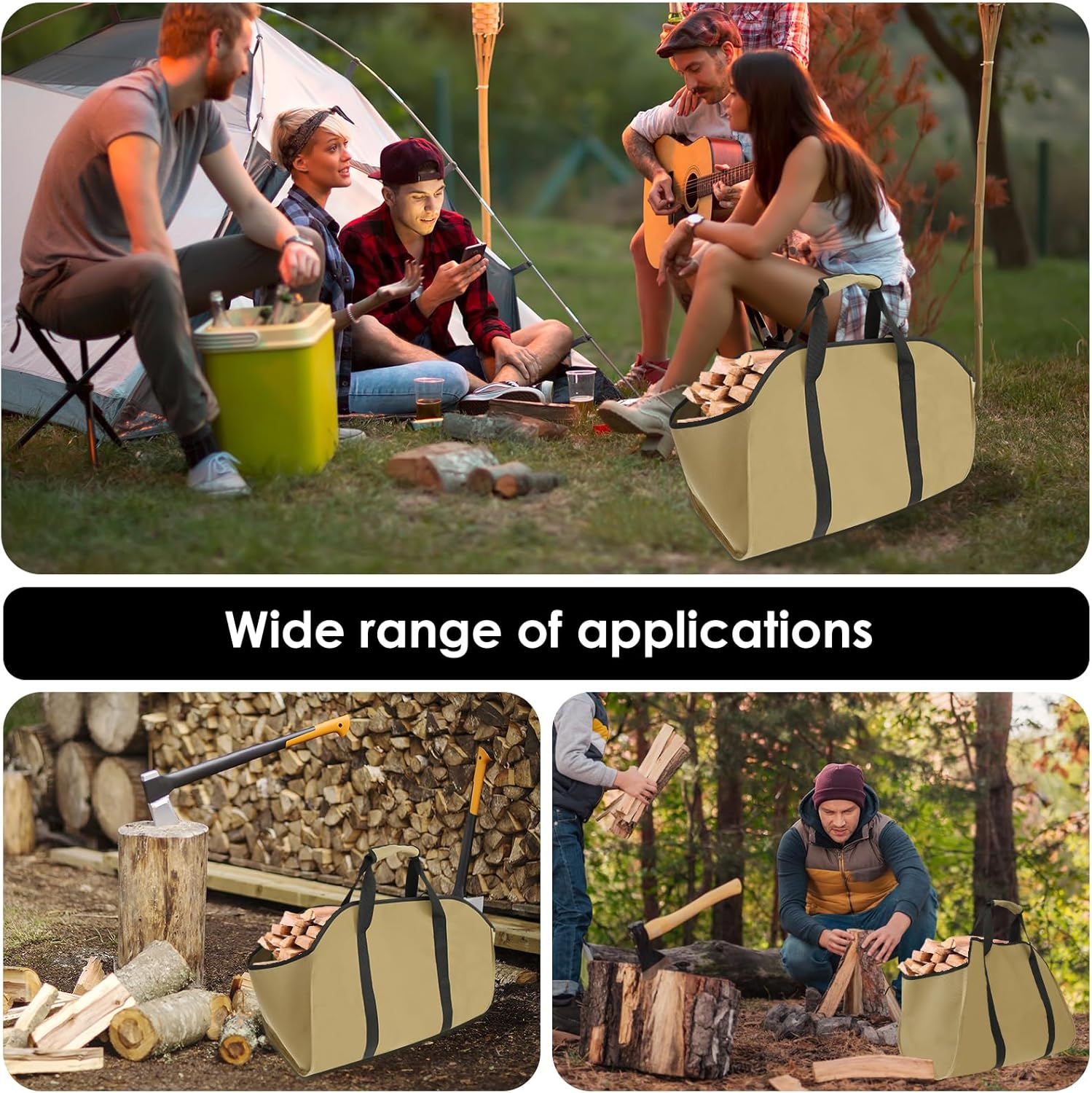 UKQRRTC Firewood Carrier Bag, Sturdy Oxford Cloth Log Carrier, Waterproof, Foldable Wood Carrier for Indoor or Outdoor Camping (Khaki) - Green image number 2