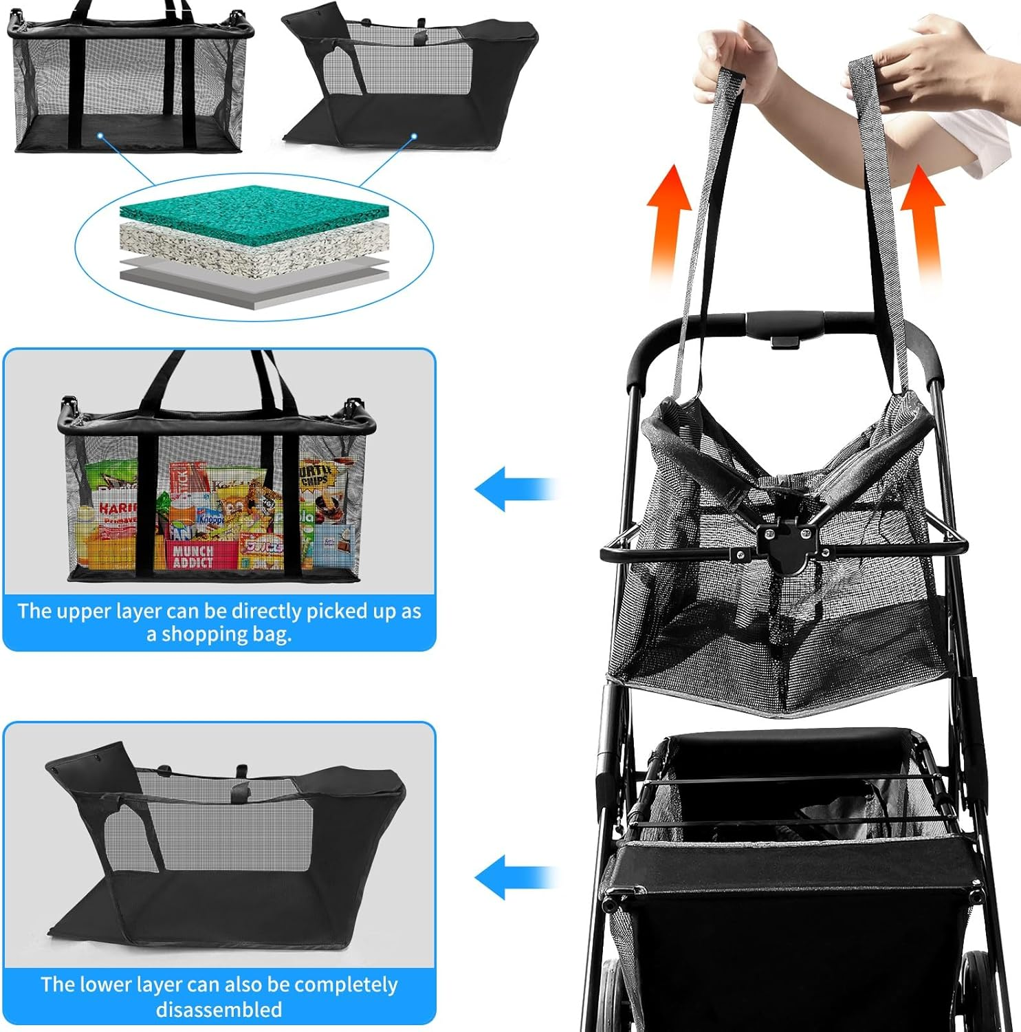 Foldable Shopping Cart 120 Liters Double Layer Portable Shopping Trolley Carts Grocery Cart Utility Cart with Removable Storage Bag Larger Capacity for Office Shopping Picnic Groceries Laundry image number 2