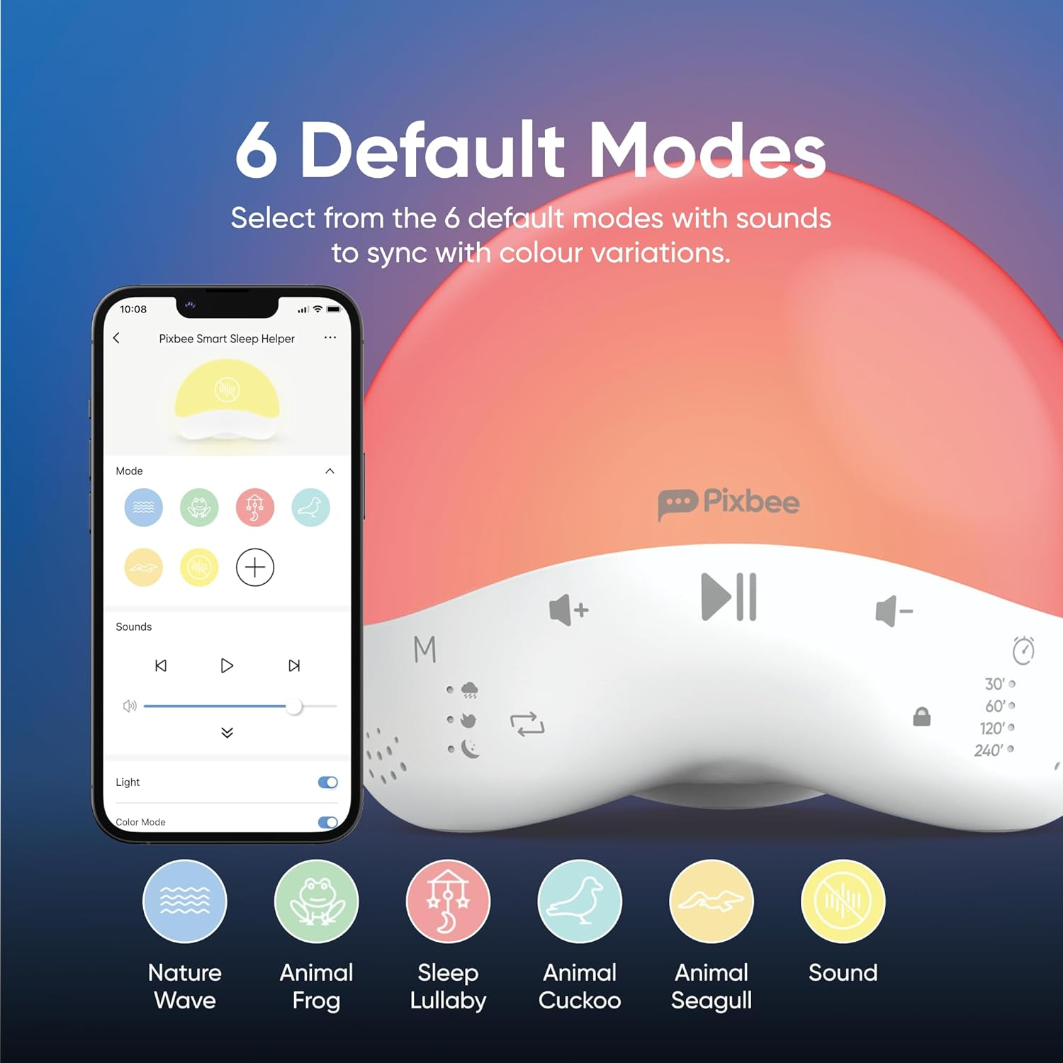 Pixbee Smart Nursery Night Light - Baby Sound Machine with 25 Soothing Sounds & RGB Dimming - Sleep Trainer Lamp with Timer & Child Lock - Compatible with Alexa & Google Assistant