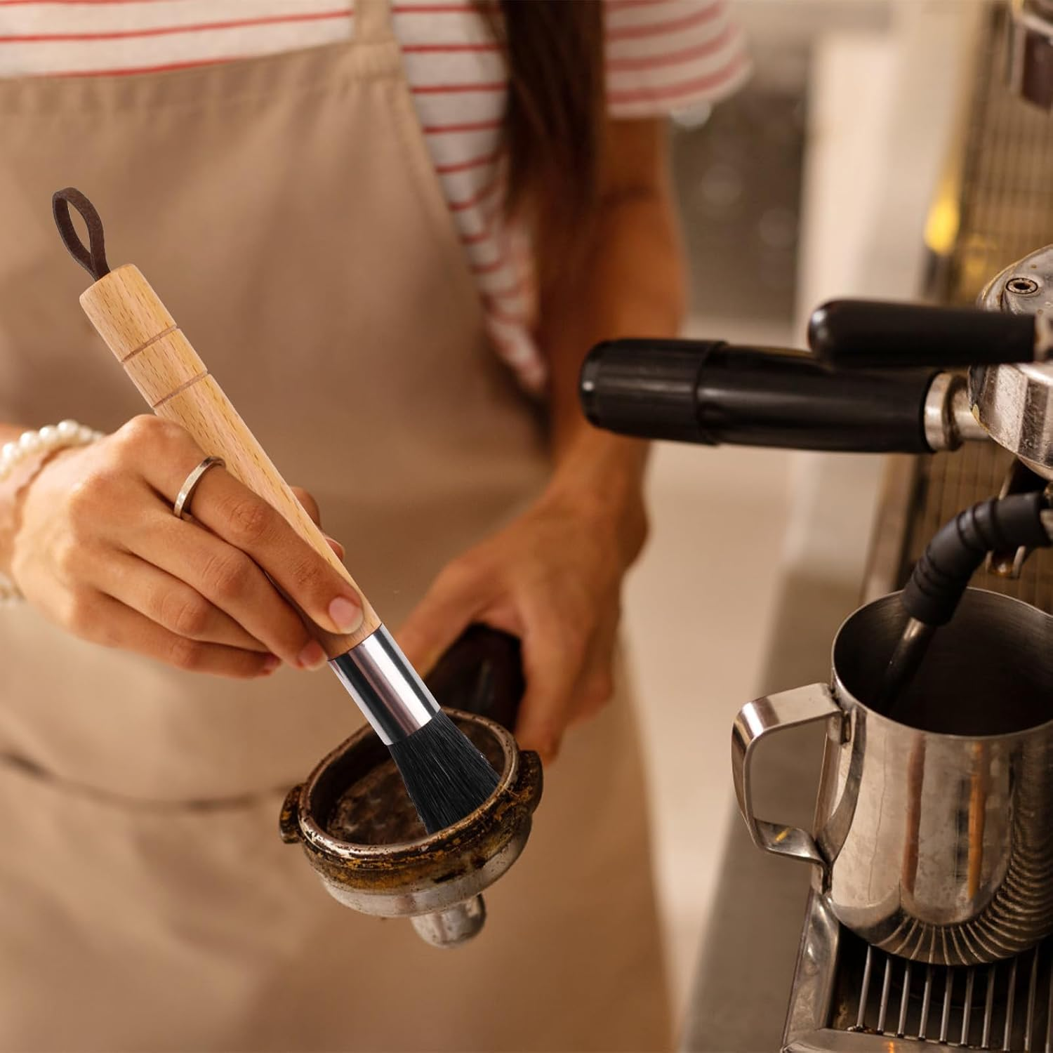 Huakaile 2 Pieces Beige Coffee Grinder Cleaning Brush with Black Boar Bristle, Wood Handle Espresso Machine Cleaning Brush Tool, Barista Accessories Used on Group Heads Kitchen image number 4