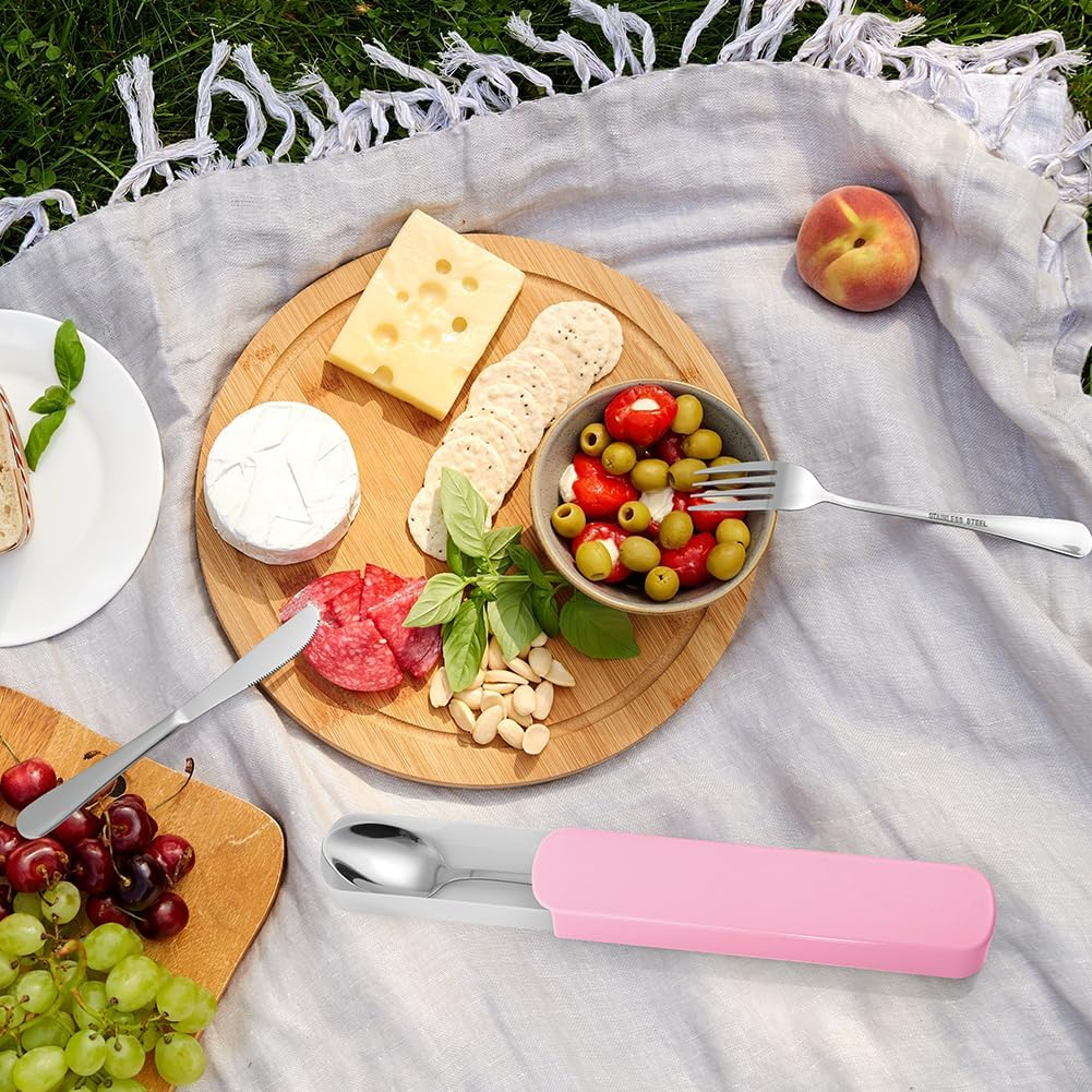 HOTUT Camping Cutlery Set, 3 Pieces Reusable Utensils Set, Portable Stainless Steel Cutlery with Plastic Box, Portable Kitchenware for Outdoor Travel Picnic Office School Lunch Box - Pink image number 6