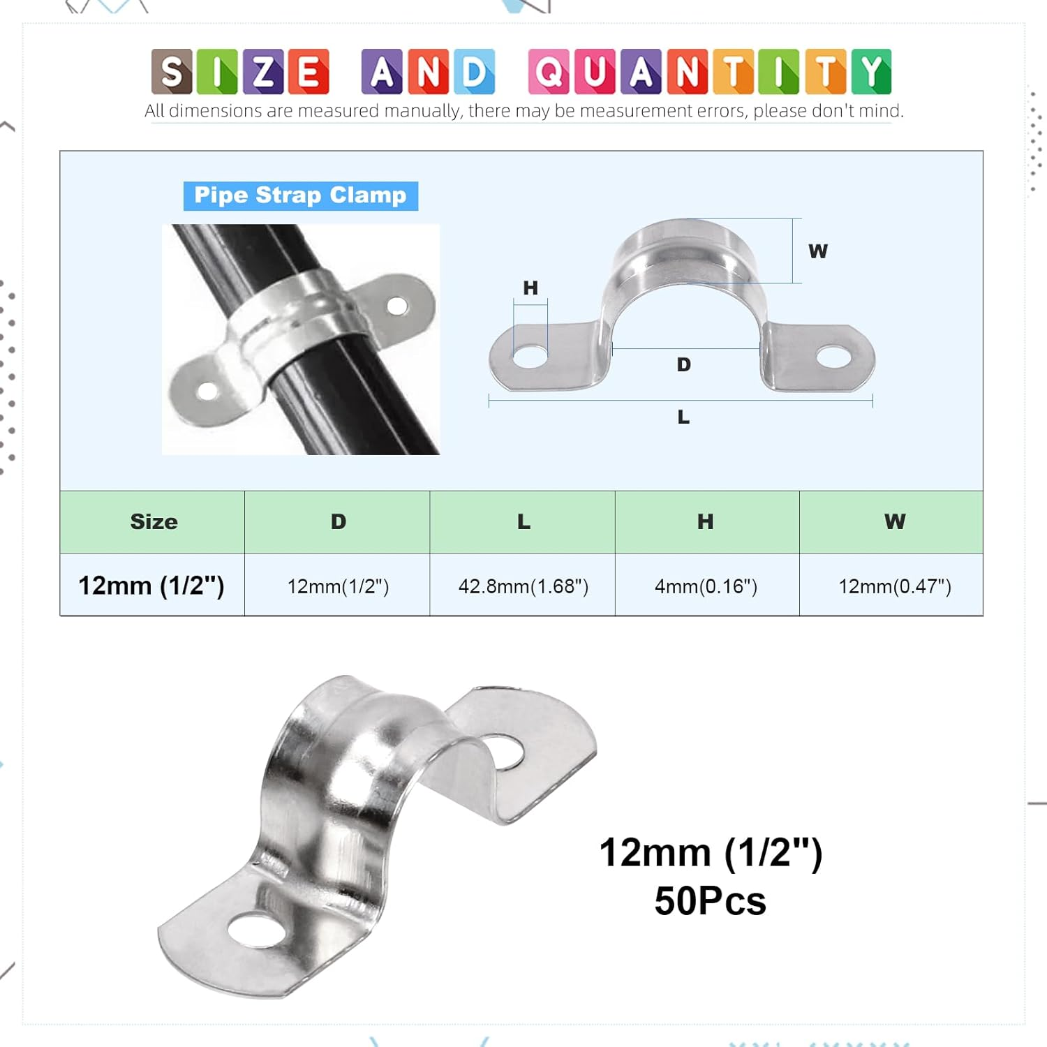 Glarks 50Pcs M8 Pipe Strap Clamp, 304 Stainless Steel 2 Hole Strap Heavy Duty Rigid Pipe Strap U Bracket Tube Strap Cable Clamp Hanger Tension Tube Clip for Pipe Tube Cable Fixing (12Mm (1/2")) image number 3