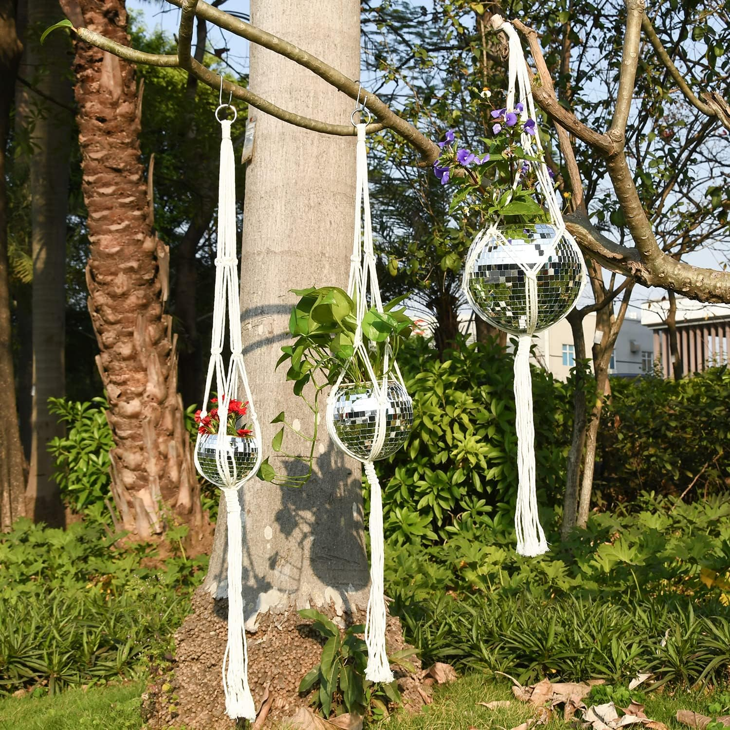 FGBNM Disco Ball Planter, 4" Silver Disco Ball Planter, Disco Ball Plant Hanger with Hanging Rope, Hanging Chain, Hook, Circle and Extra Mirror Pieces (4" Silver, 1Pcs) image number 2