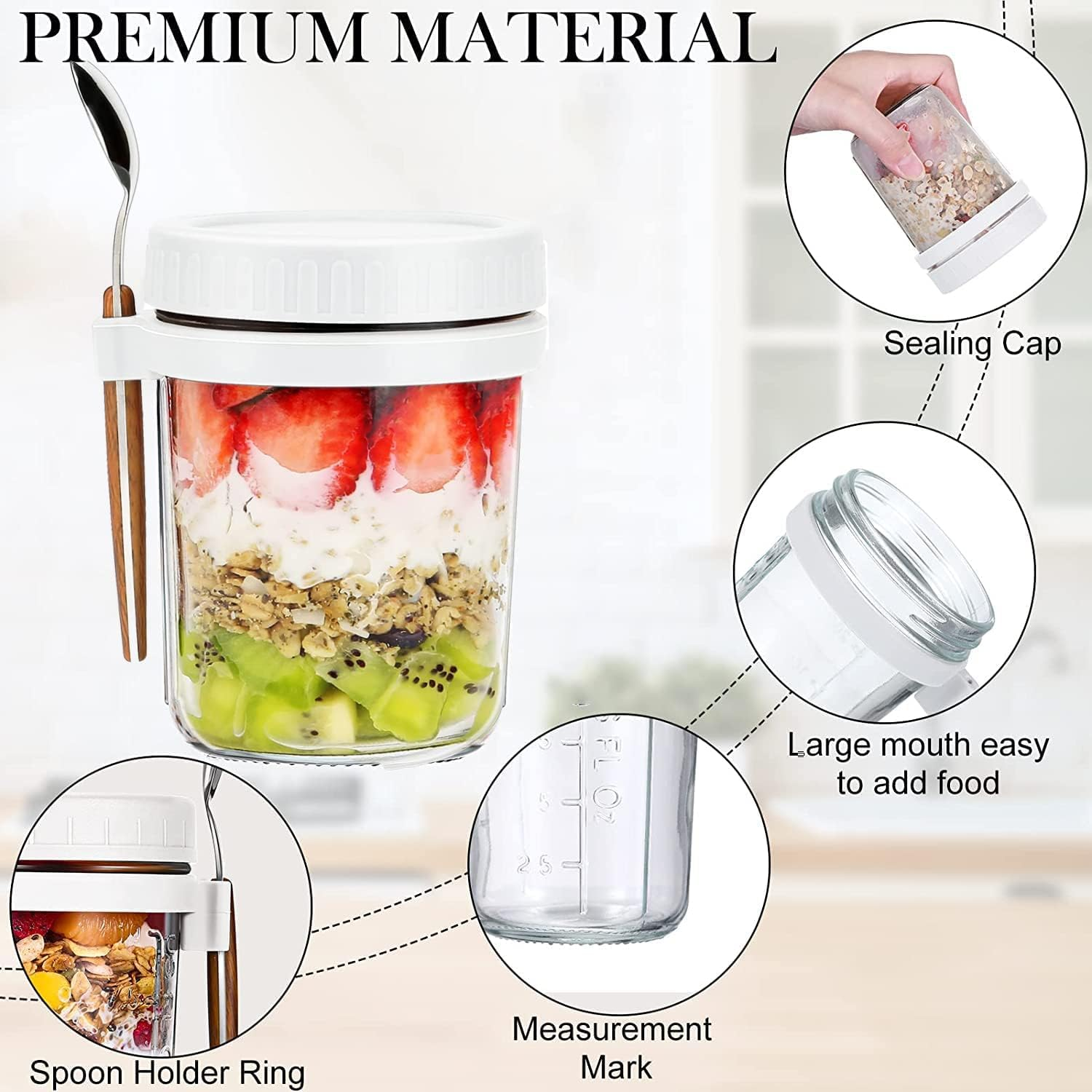 HJB VISSO Glass Jars, Overnight Oats Container with Lid and Spoon [4 Pack], Overnight Oats Jars, 350Ml / 10 Oz Cereal, Milk, Vegetable and Fruit Salad Storage Container with Measurement Marks image number 6