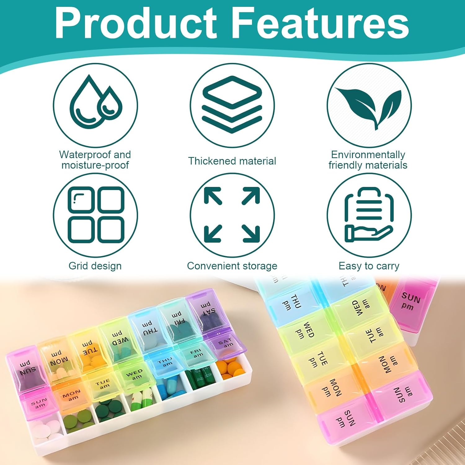 Bushhaven Pill Organiser Box - Weekly 7-Day AM/PM Pill Case with 14 Removable Compartments for Vitamins, Fish Oil, Supplements & Medication | Portable Travel Pill Organiser Box