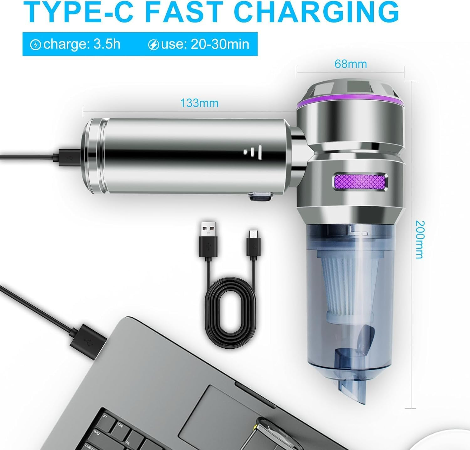 Niwniw Car Vacuum,Portable Cordless 21000Pa Powerful Hand Held Vacuum Cleaner with Brushless,4 in 1 Mini Vacuum Cleaner for Car,Home,Office,Pet(Purple) image number 2