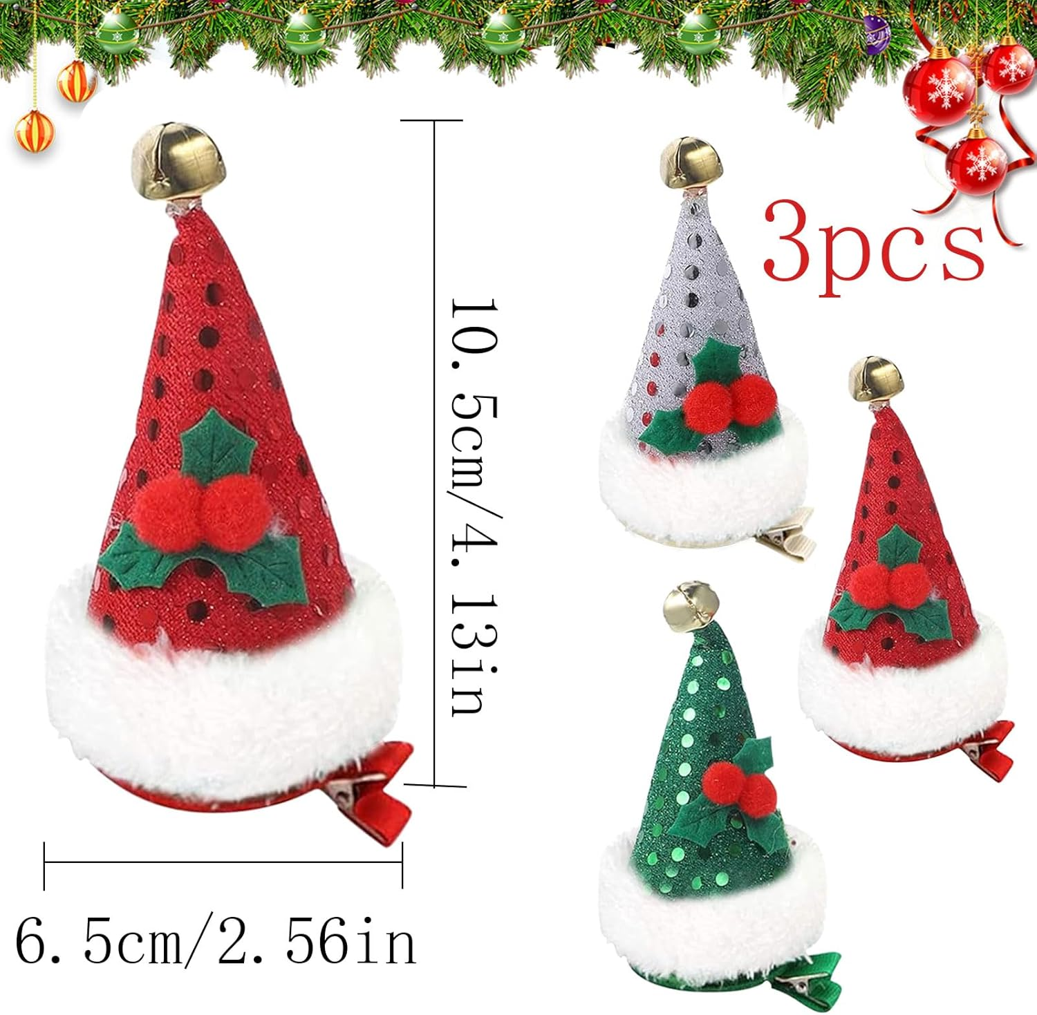 SOETDERT Christmas Hair Clip, Pack of 3 Mini Christmas Hat Hair Clips, Glitter Santa Hat Hair Accessories, Christmas, Christmas Hat, Hair Accessories for Girls and Women image number 4
